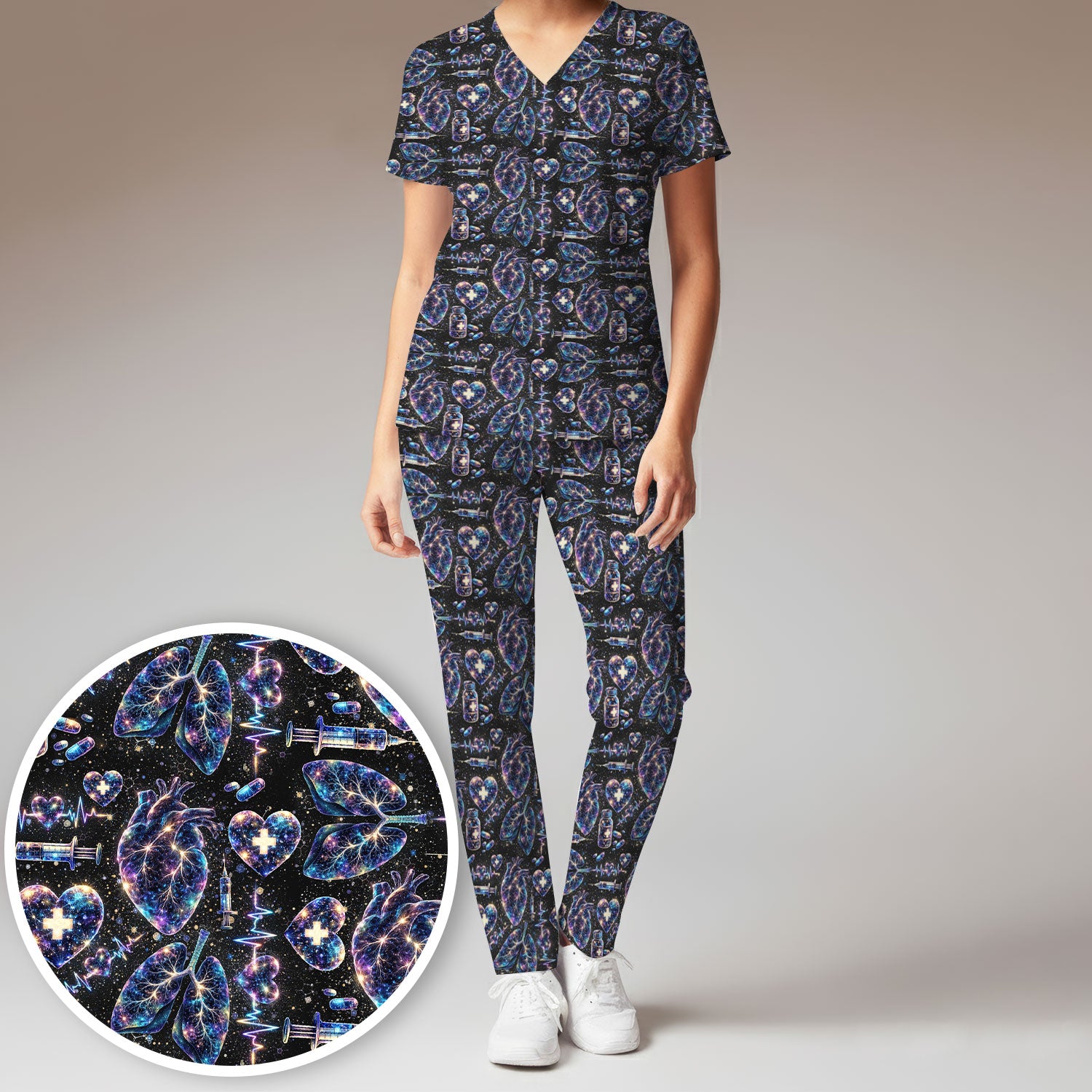 Galaxy Anatomical Heart Lung Syringe Print Scrub Set, Breathable Med Uniform