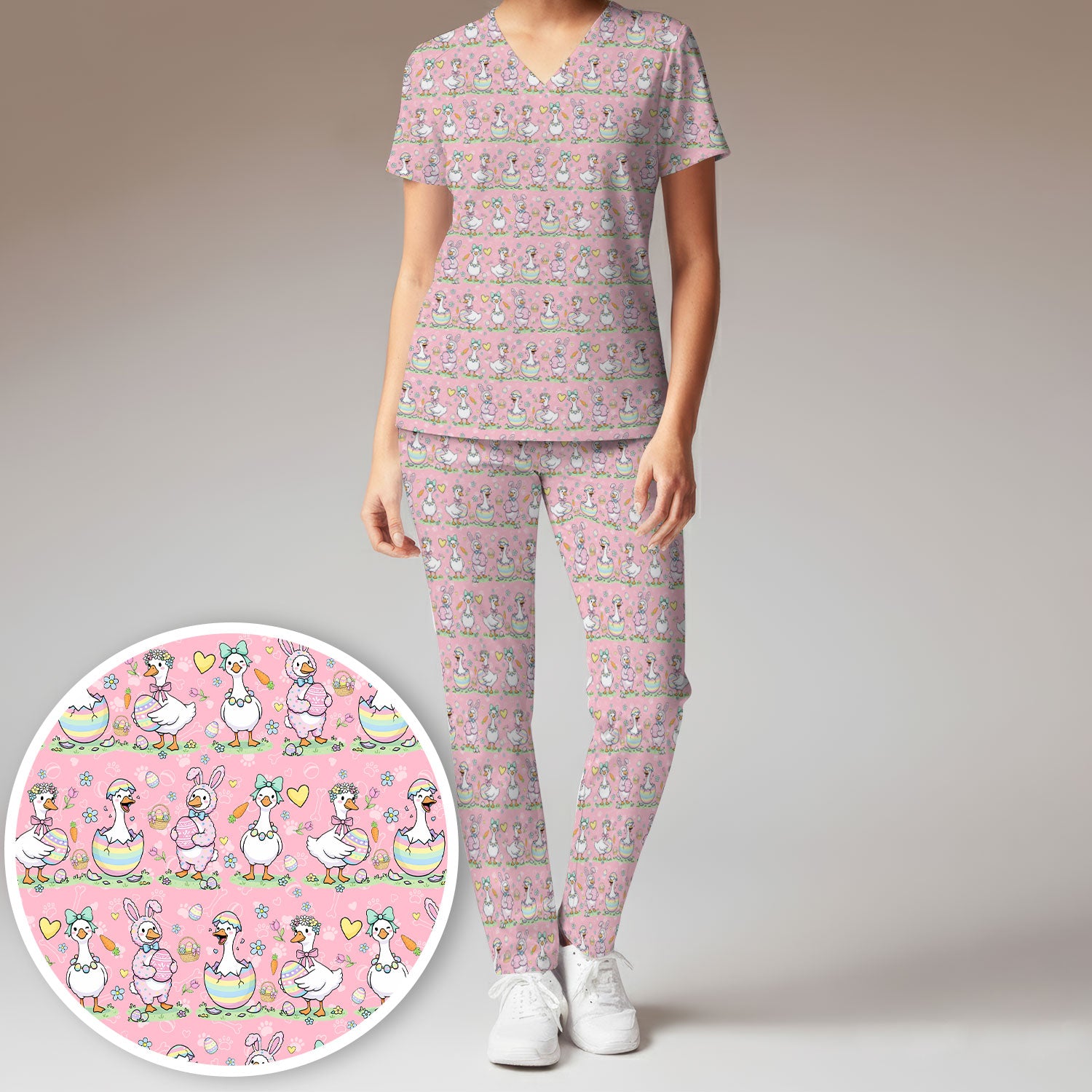 Spring Easter Goose and Bunny Print Scrub Set, Breathable Med Uniform