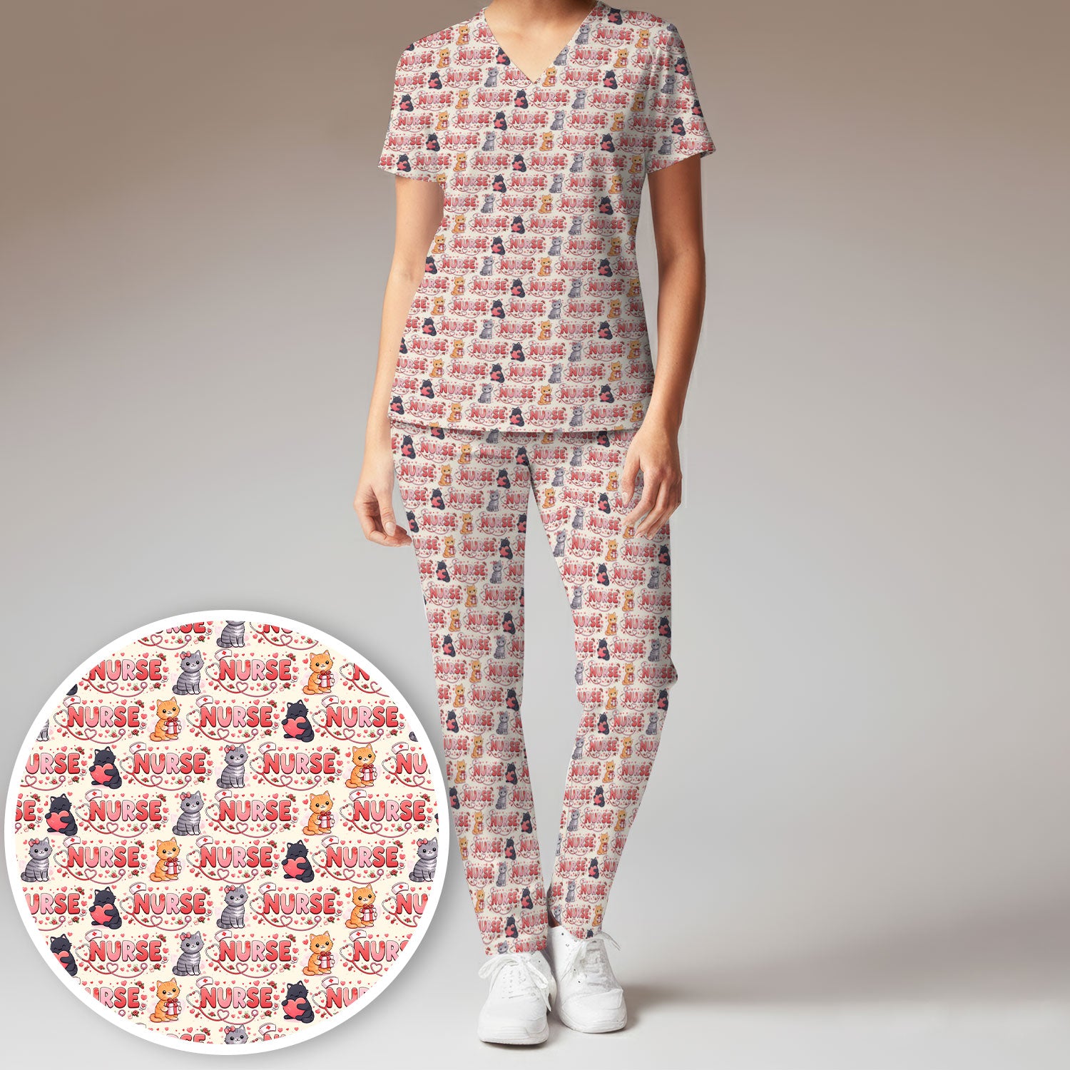 Nurse Cat Heart Pattern Valentine Scrub Set, Women's Scrub Sets V Neck Top