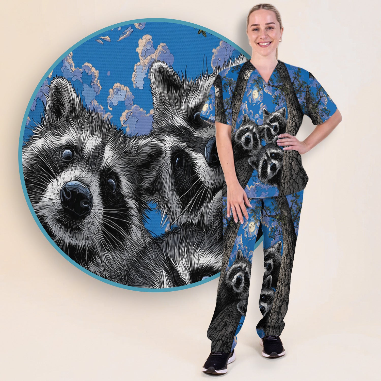 Cute Raccoon Tree Veterinary Pattern Scrub Set, Scrub Pants and V Neck Top