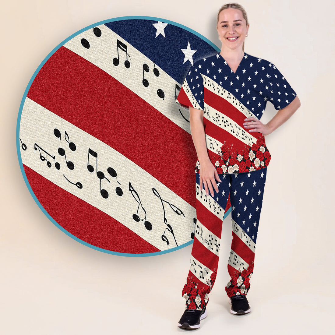 Patriotic Music Notes Nurse Scrub Top for RN, CNA, Healthcare Workers, Floral USA Uniform Scrub Set, Scrub Pants and V Neck Top