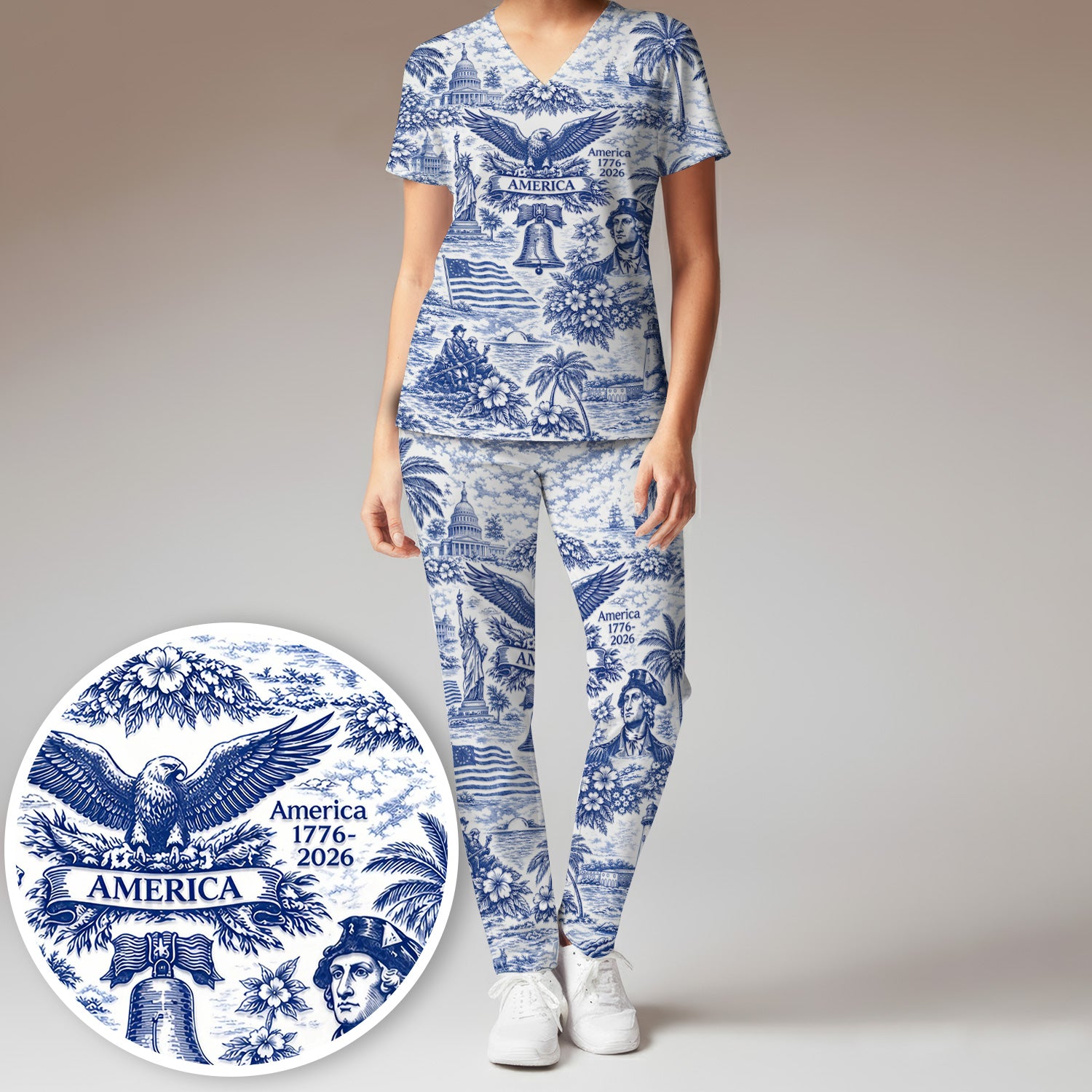 Patriotic America Heritage Toile Pattern Scrub Set, Women's Scrub Sets