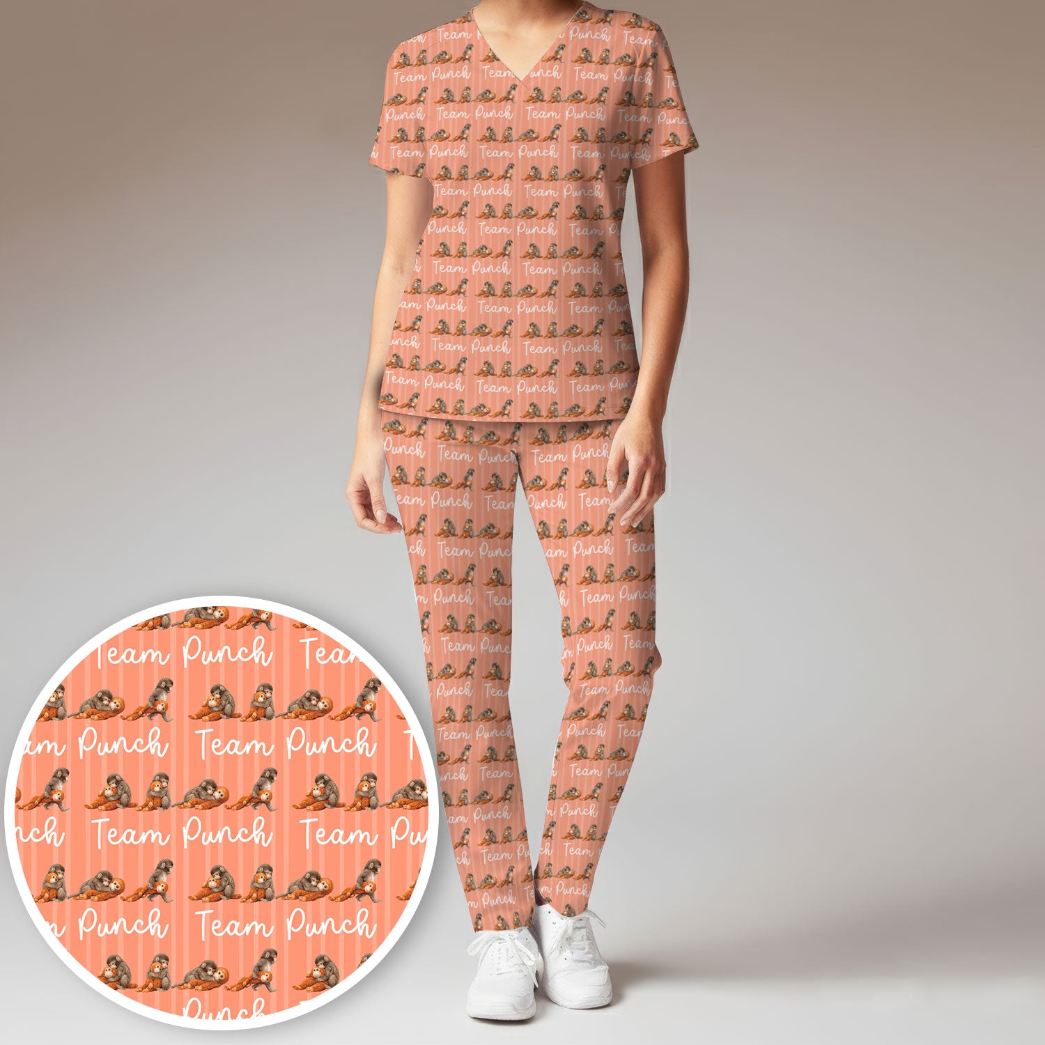 Funny Monkey Team Punch Scrub Set, Scrub Pants and V Neck Top