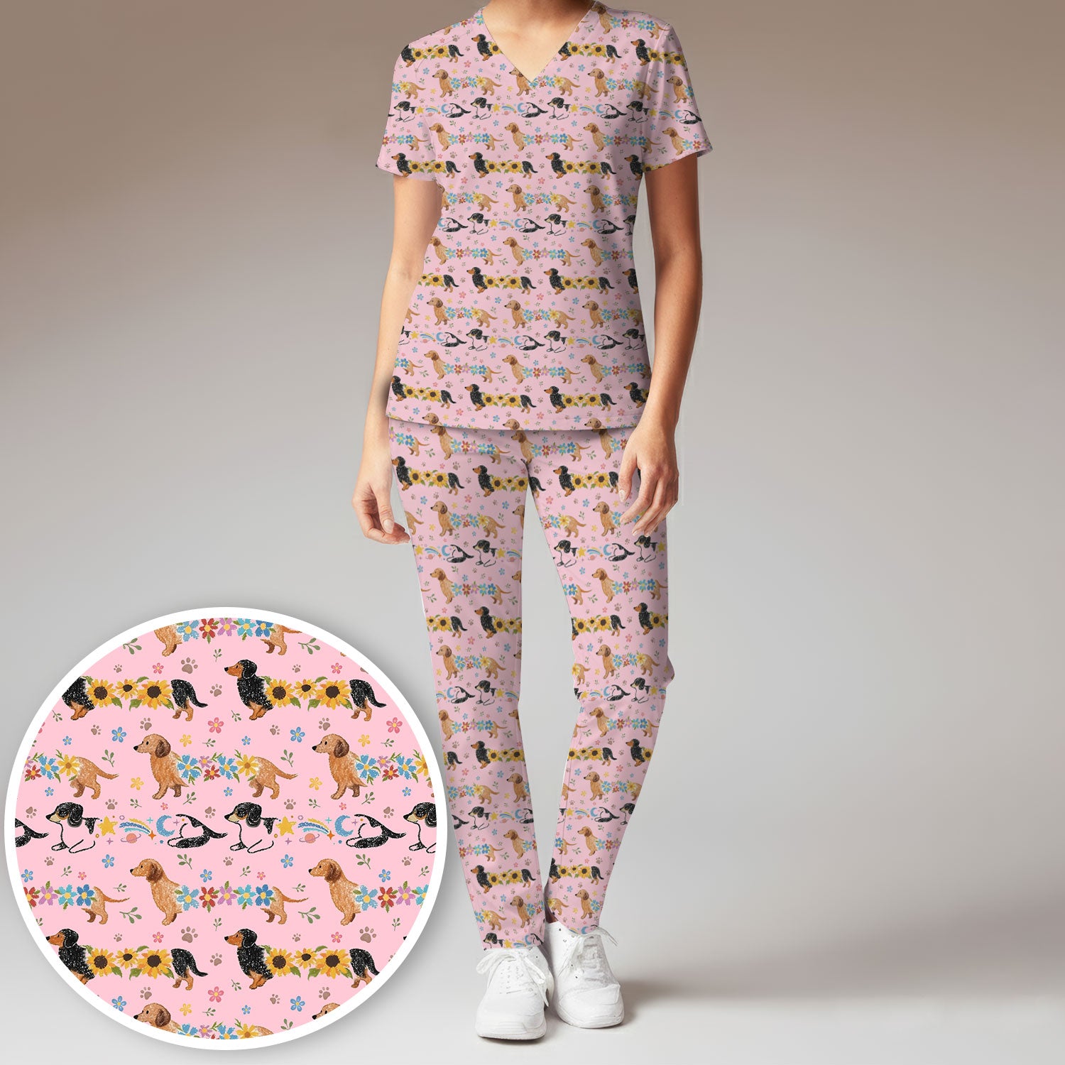 Floral Wiener Dog Pattern Scrub Set, Scrub Pants and V Neck Top