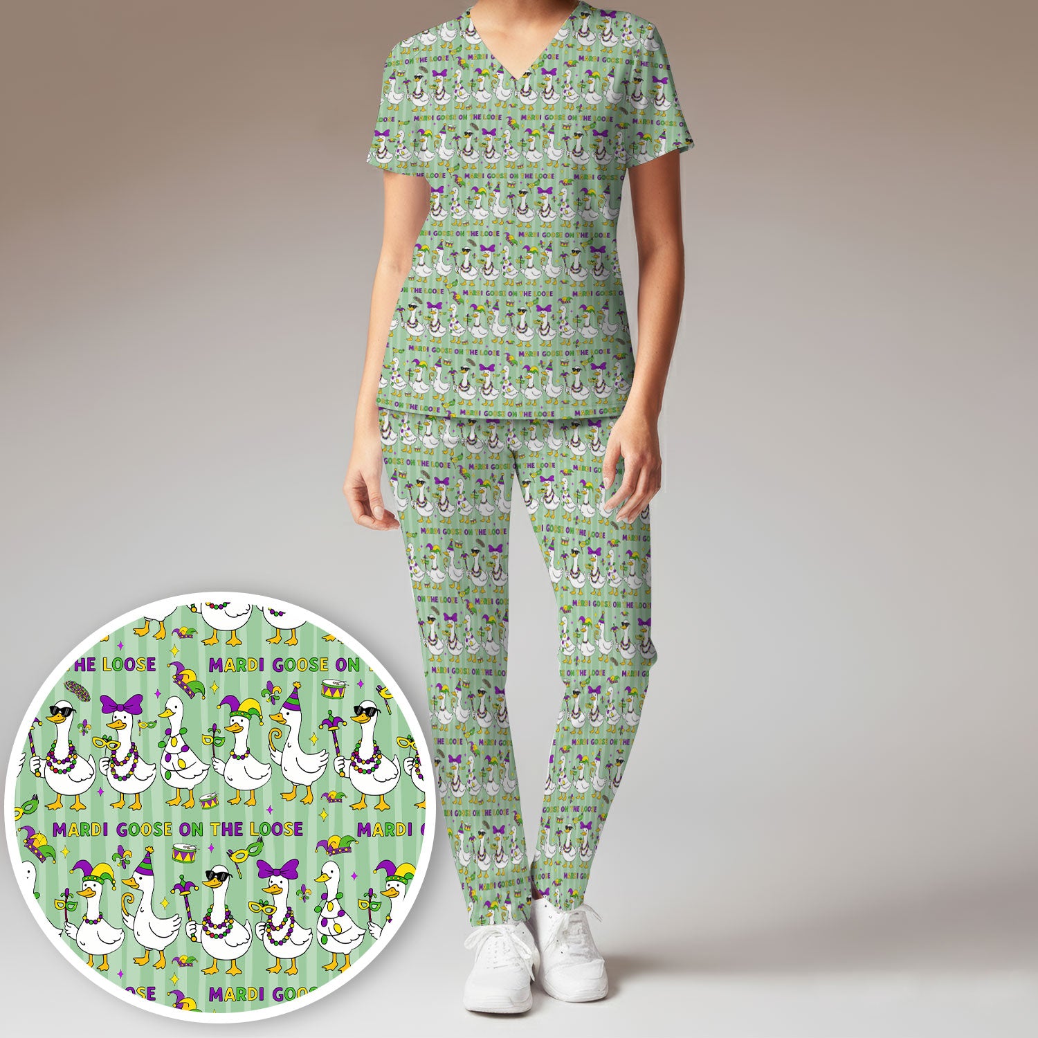 Mardi Gras Goose Nurse Scrub Set, Funny Carnival Medical Pattern Nurse Shirt, Breathable Fabrics Nursing Uniform