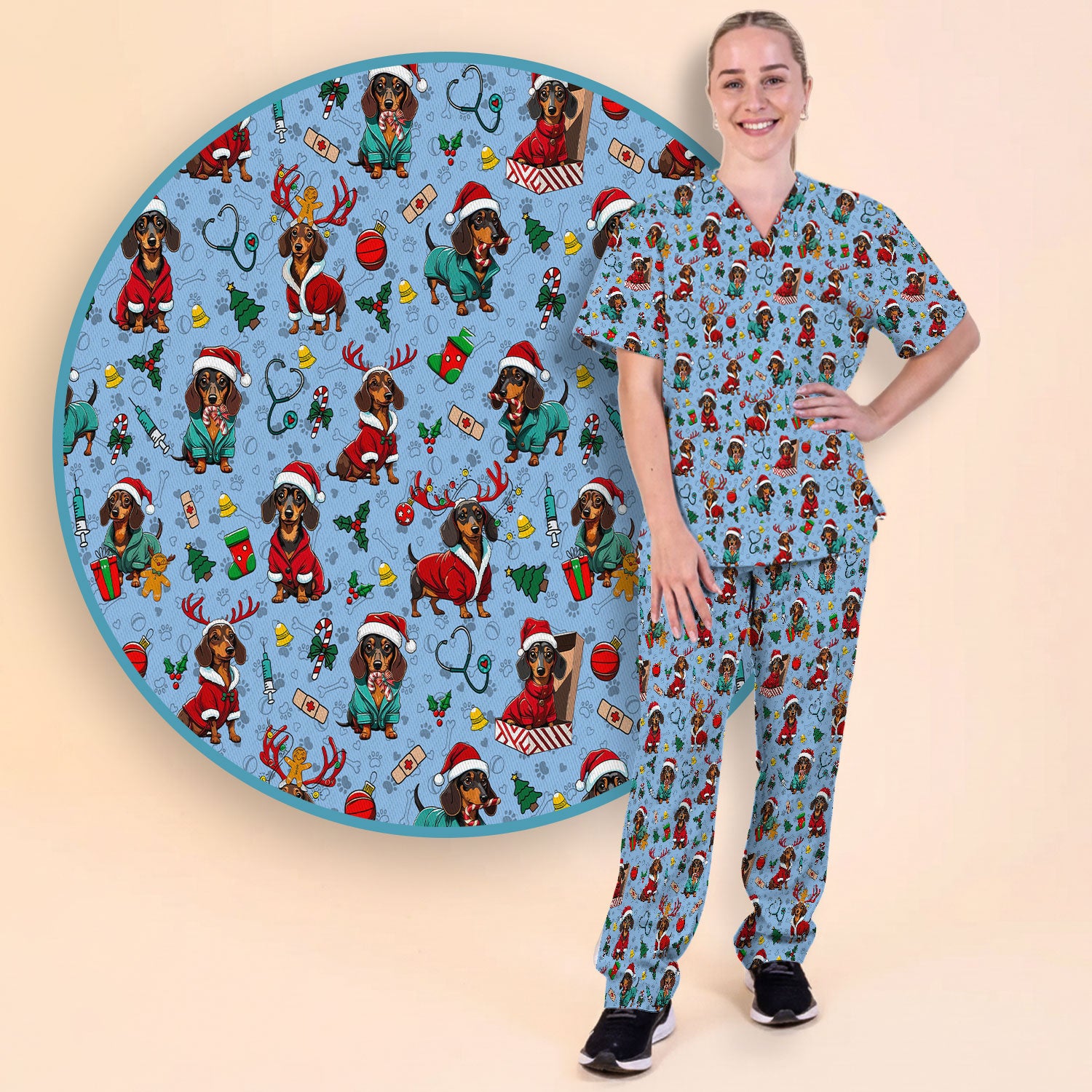 Christmas Dachshund Scrub Set for Nurses - Cute Sausage Dog Holiday - Funny Reindeer & Santa Scrubs Pants and V Neck Top