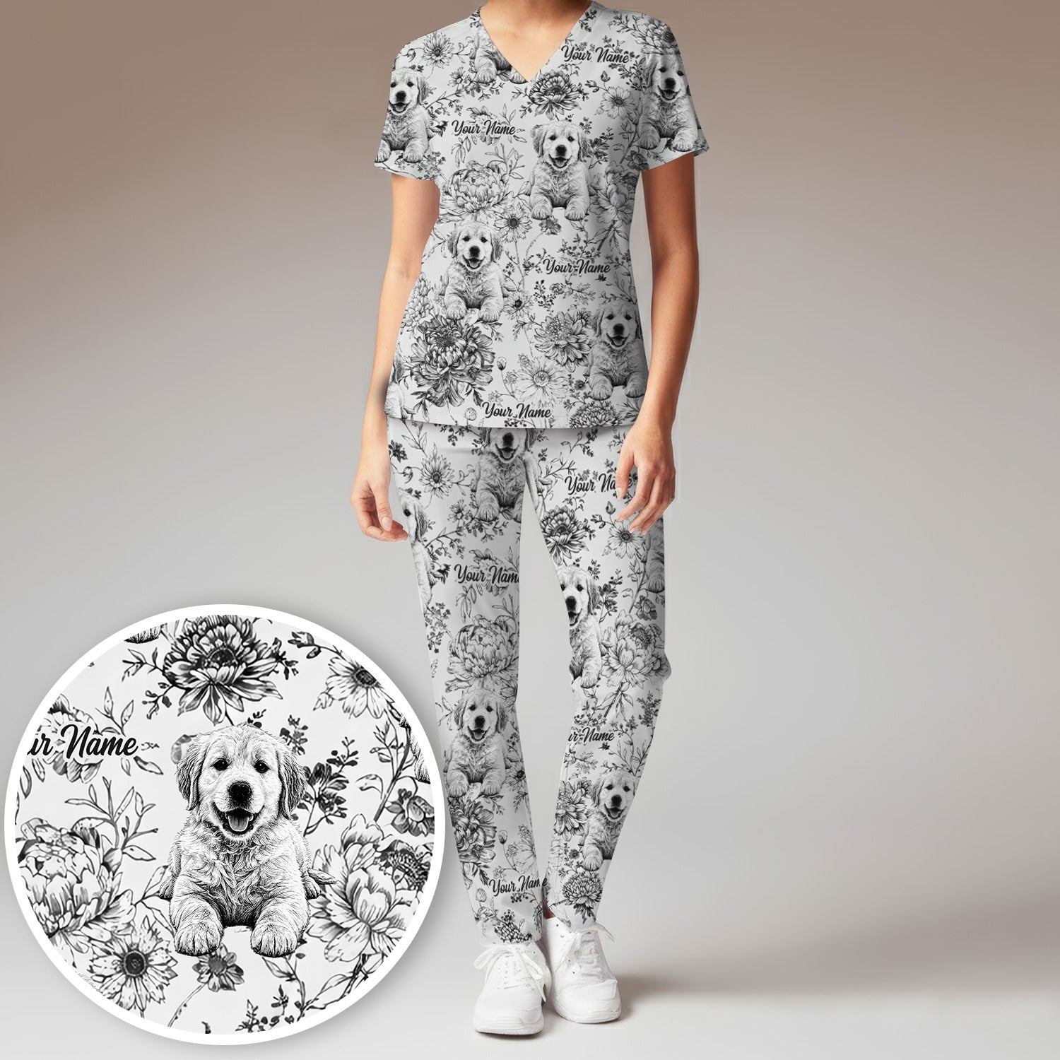 Personalized Custom Pet Photo Name Floral Pattern Scrub Set, Scrub Pants and V Neck Top