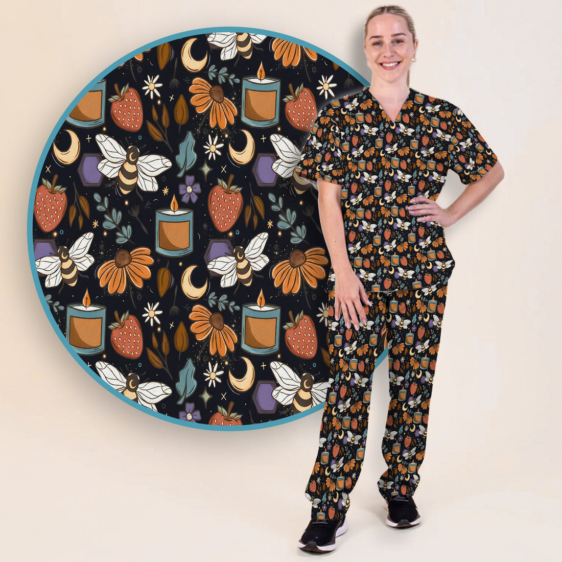 Bee Strawberry Floral Candle Pattern Scrub Set, Scrub Pants and V Neck Top
