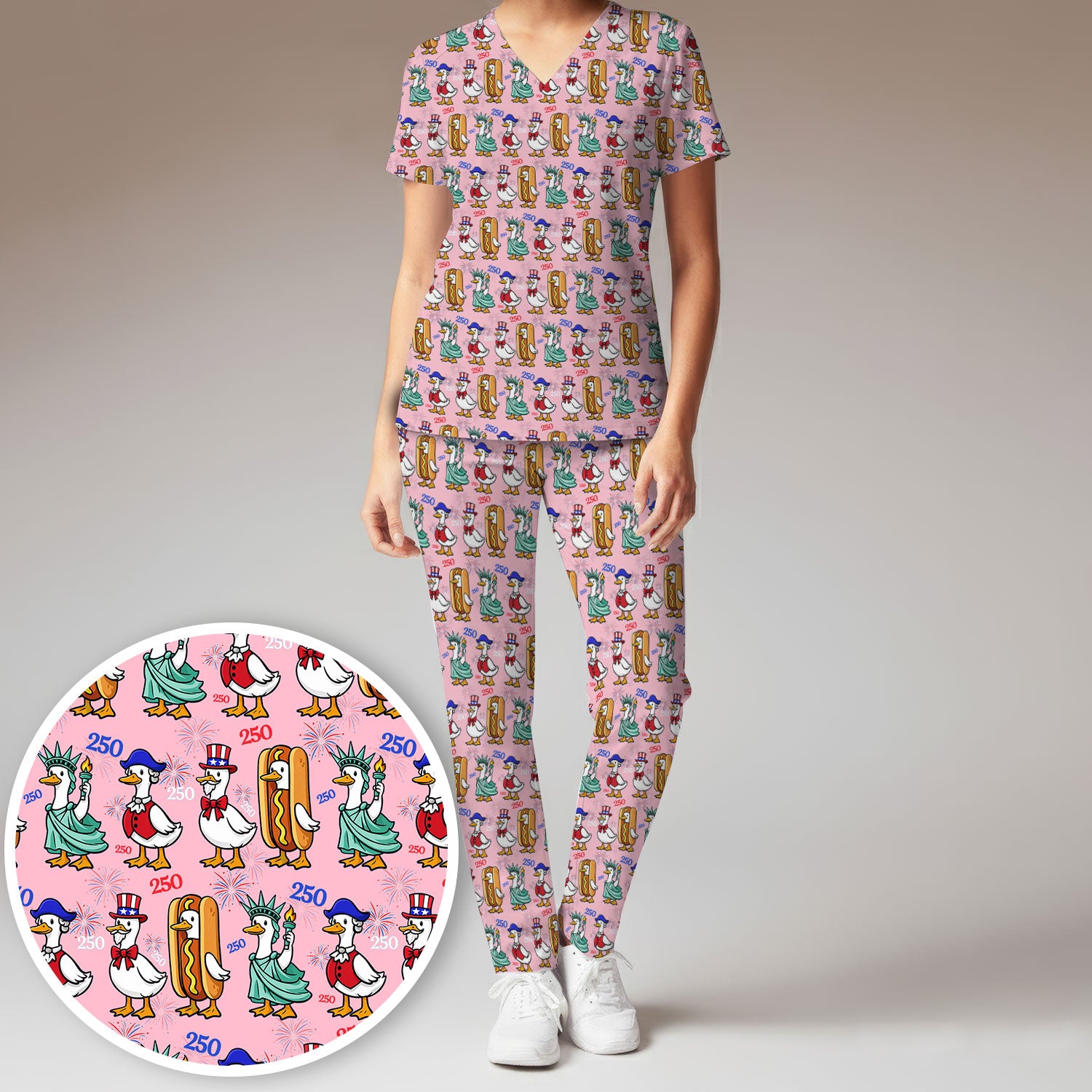 Patriotic Duck Independence Day Pattern Scrub Set, Scrub Pants and V Neck Top