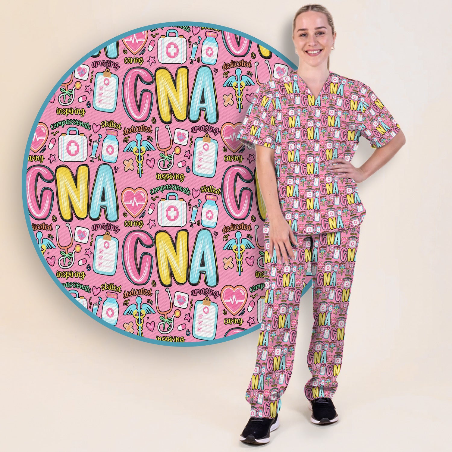 CNA Nurse Appreciation Pattern Scrub Set, Breathable Med Uniform