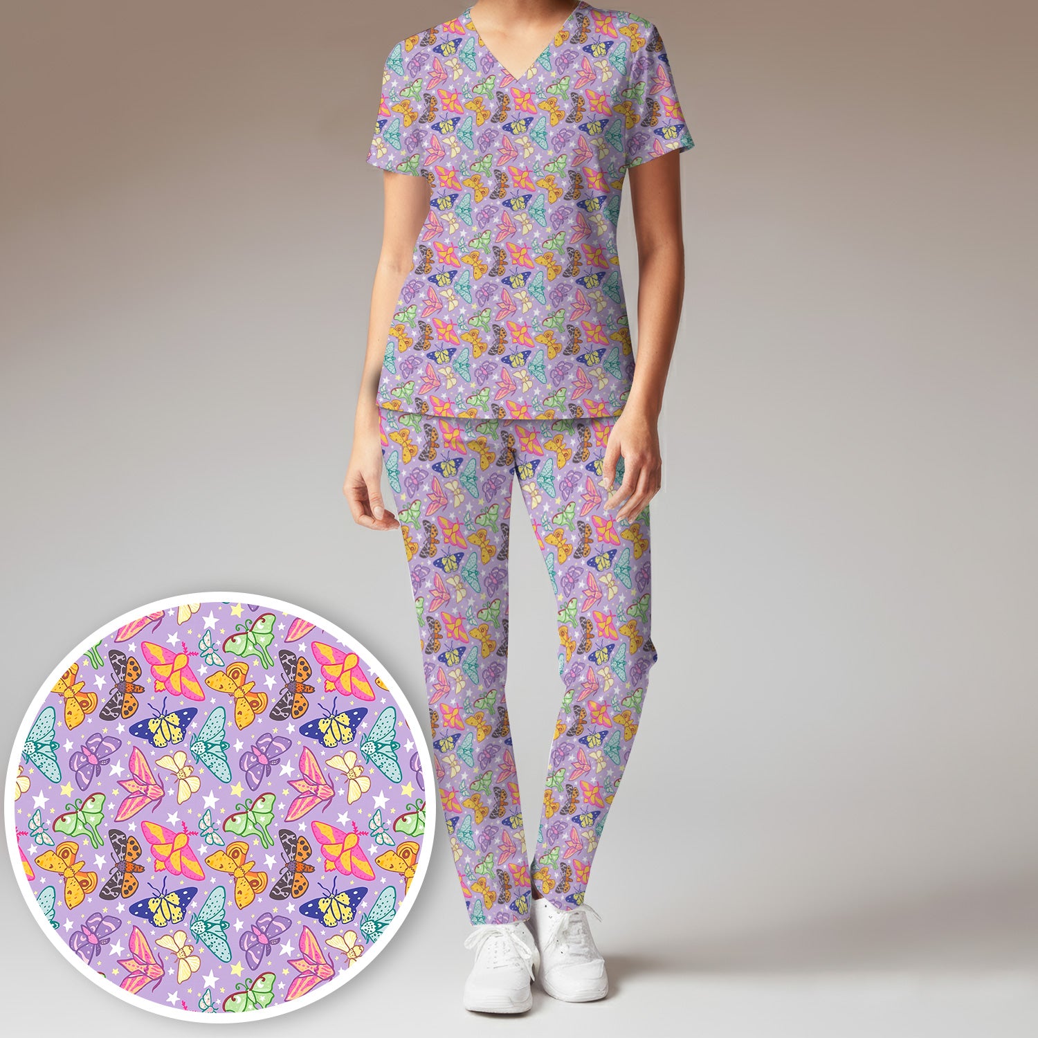 Colorful Butterfly Moth Garden Pattern Scrub Set, Scrub Pants and V Neck Top