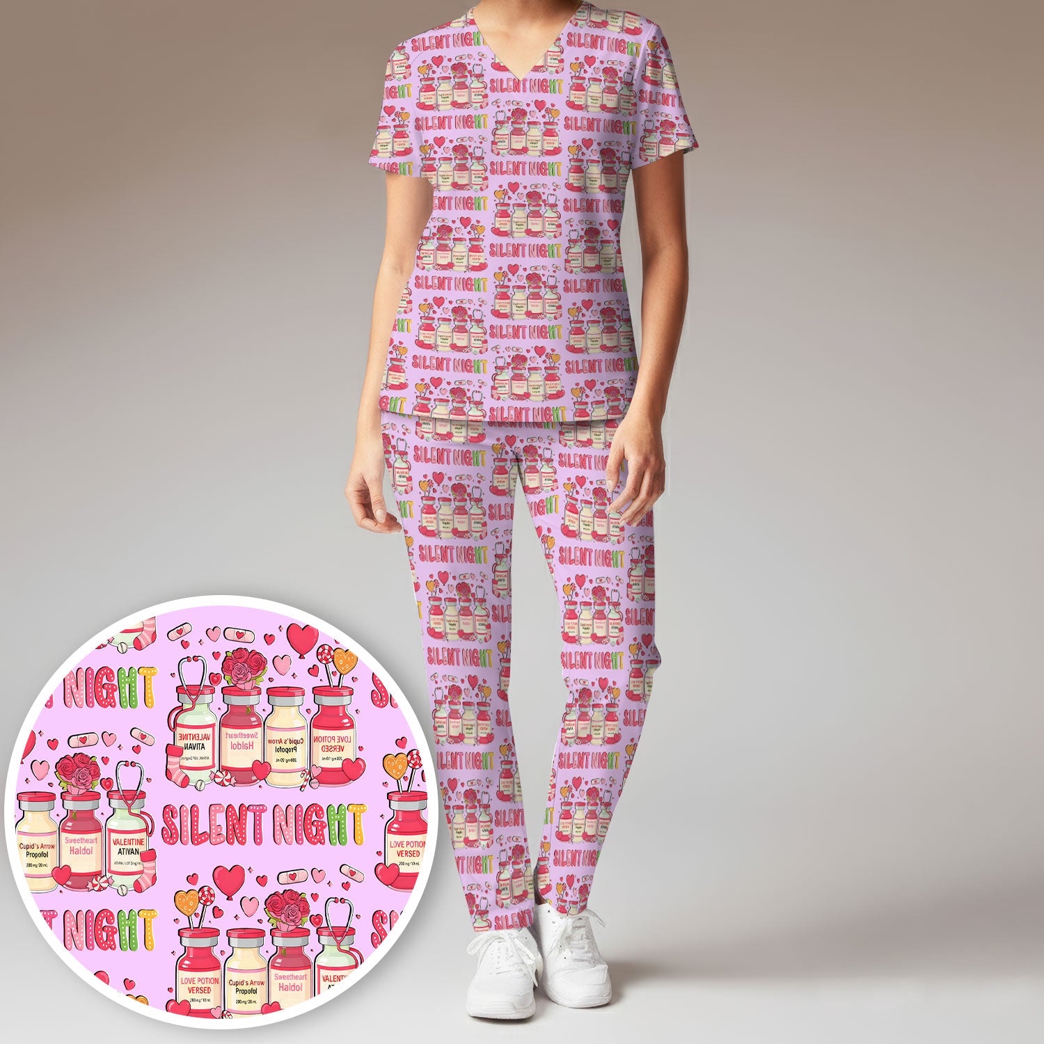 Valentine Silent Night Love Design Scrubs Set, Breathable Med Uniform