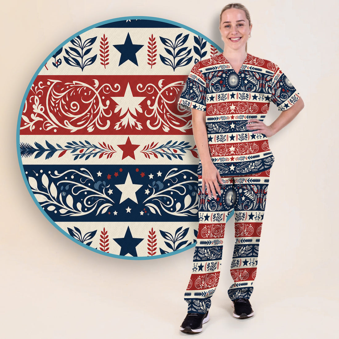 Patriotic Americana Starburst Floral Pattern Scrub Set, Scrub Pants and V Neck Top
