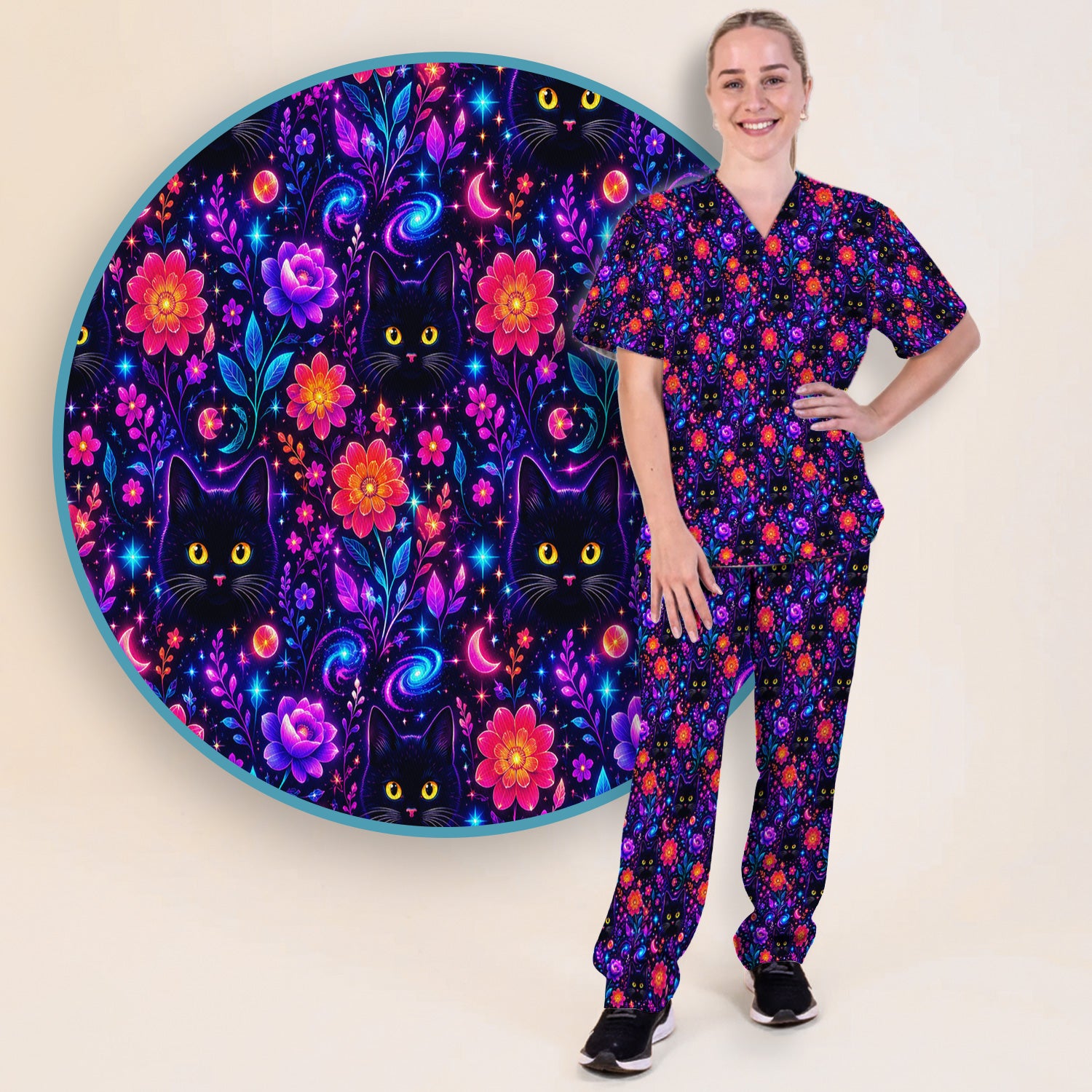 Galaxy Black Cat Floral Pattern Scrub Set, Scrub Pants and V Neck Top