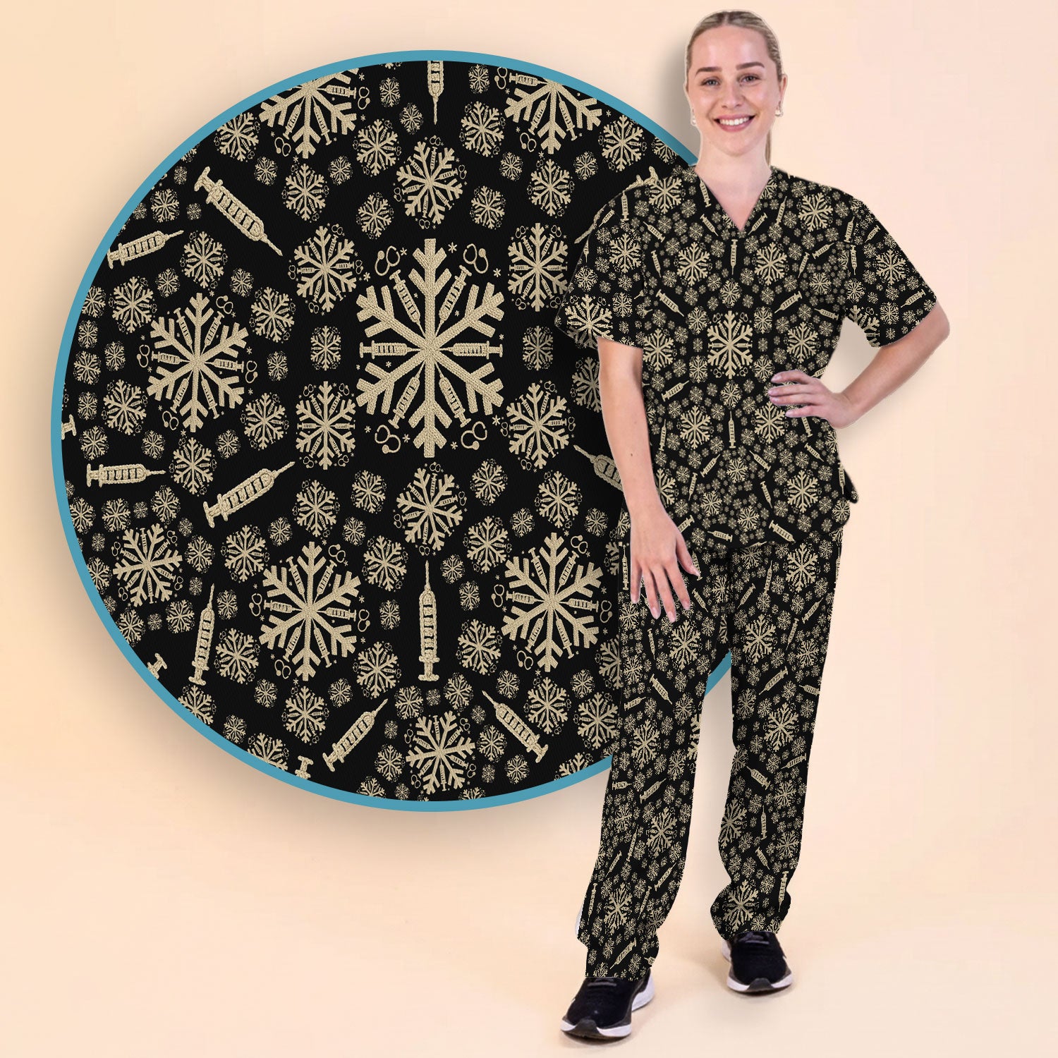 Snowflake Syringe Scrubs Pants and V Neck Top for Women - Winter Snow Medical Set - Funny Christmas Gift for Nurse