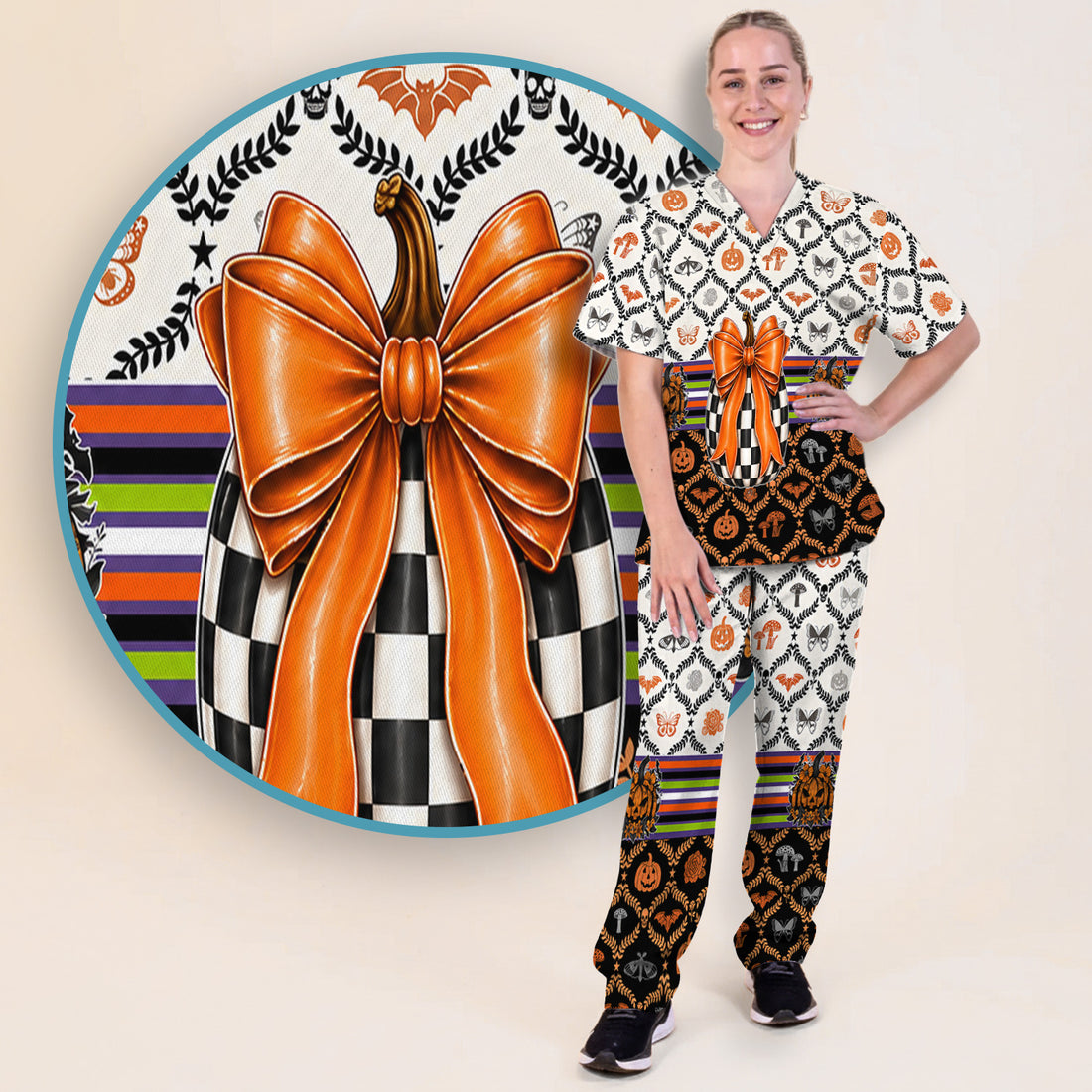 Halloween Checkered Pumpkin With Bow Pattern Scrub Set, Scrub Pants and V Neck Top