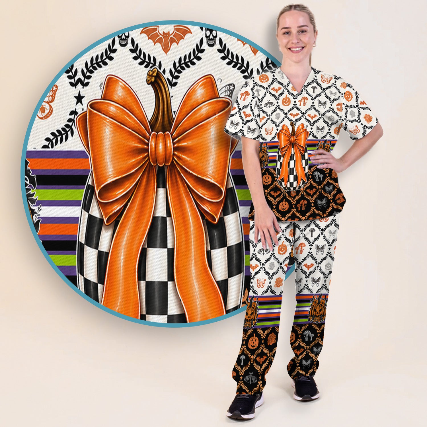 Halloween Checkered Pumpkin With Bow Pattern Scrub Set, Scrub Pants and V Neck Top