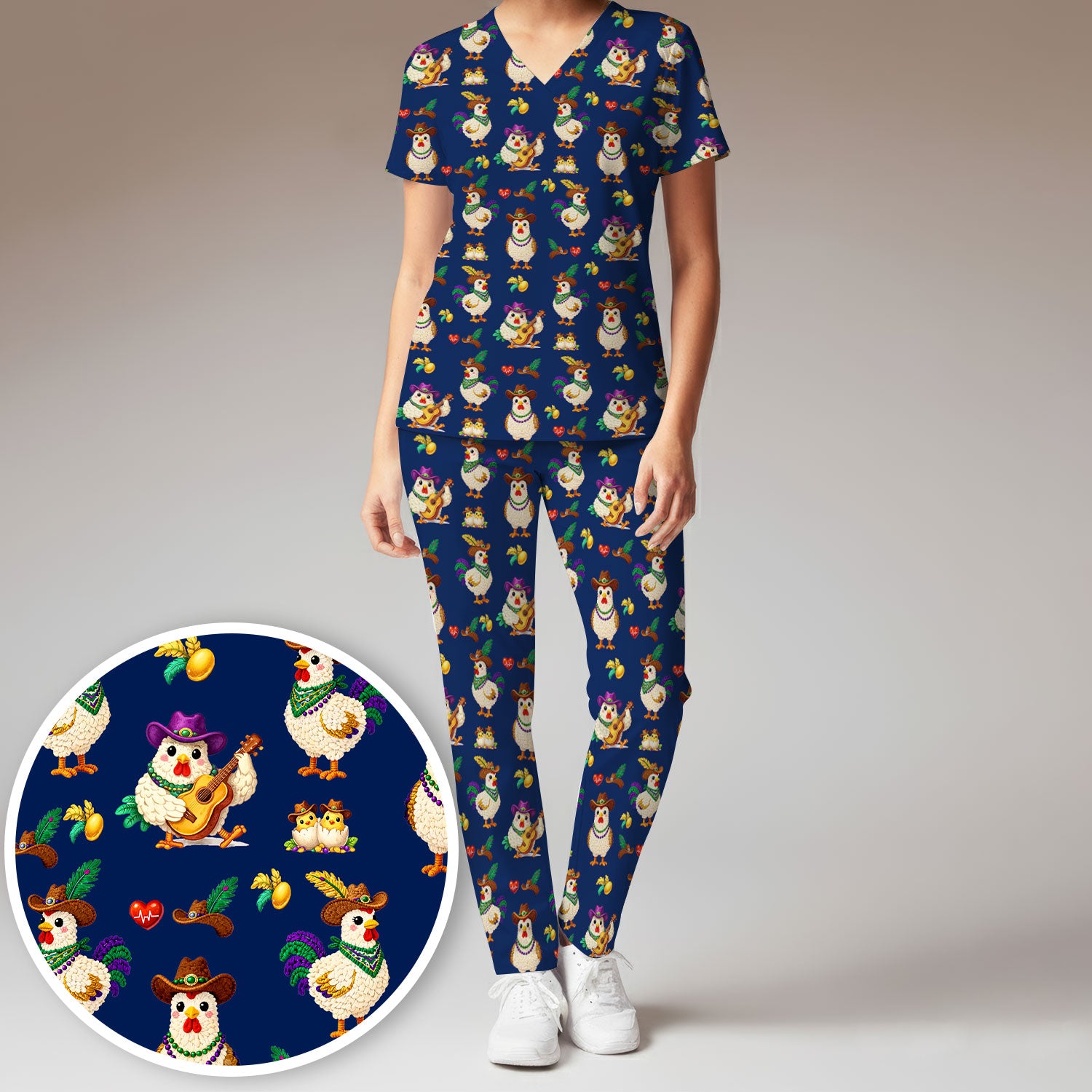 Funny Mardi Gras Rooster Cowboy Print Set, Women's Scrub Sets