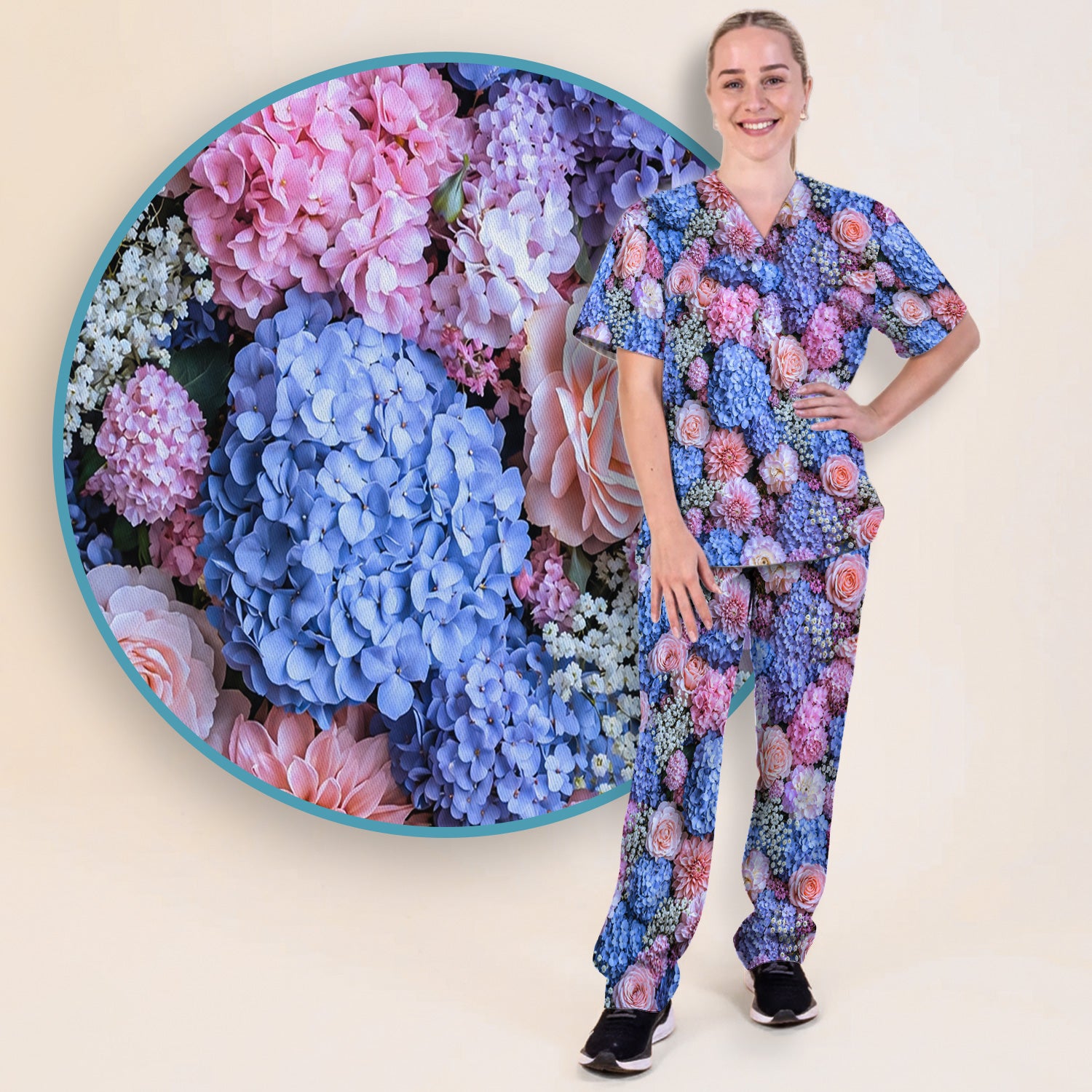 Cute Pastel Hydrangea Rose Blossom Pattern Scrub Set, Scrub Pants and V Neck Top