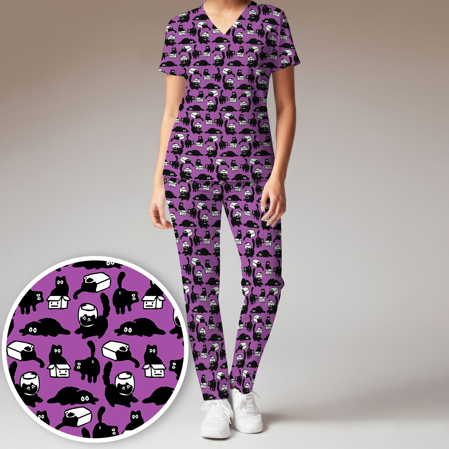 Dark Playful Cat Cartoon Pattern Scrub Set, Breathable Med Uniform