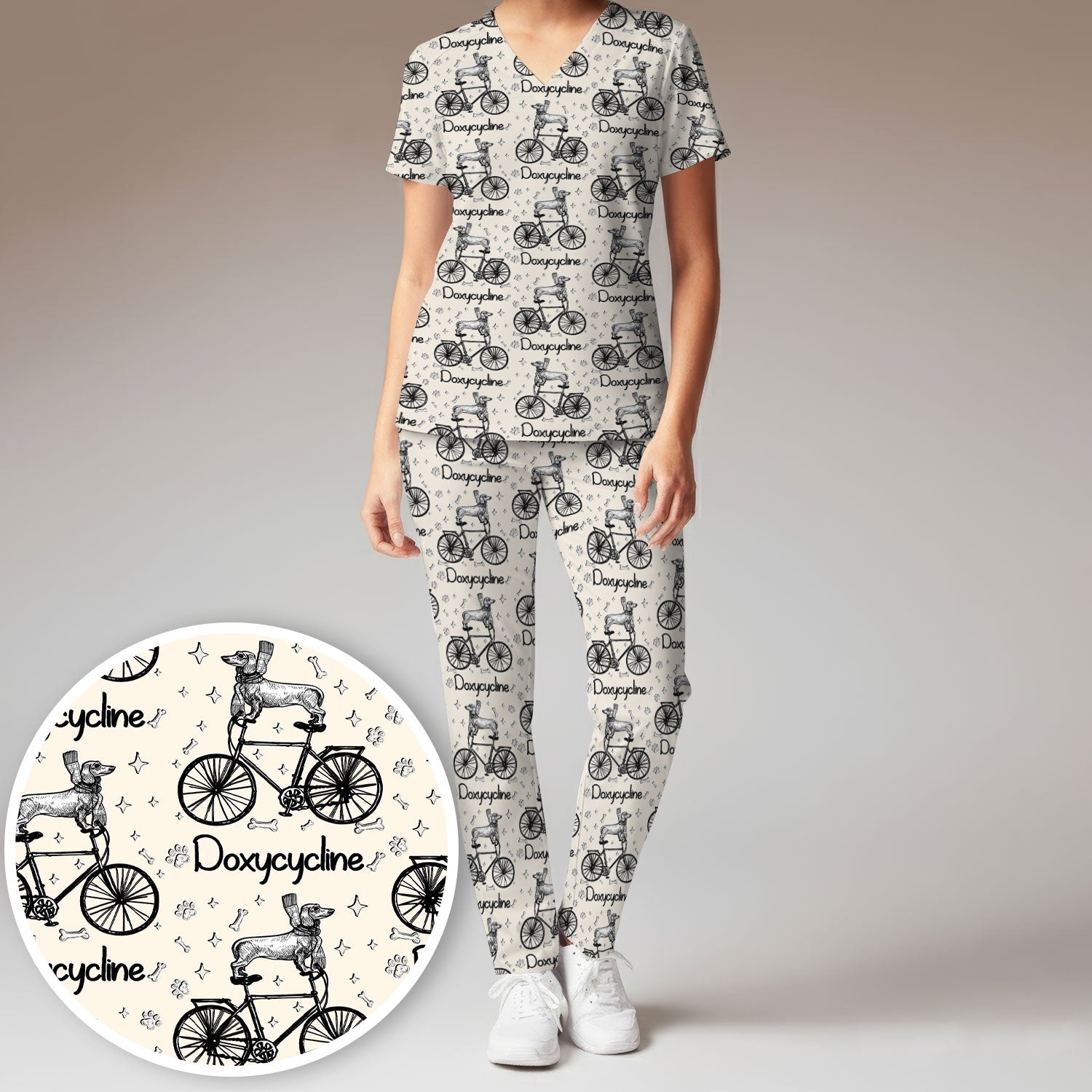 Funny Doxycycline Dog Bicycle Print Scrub Set, Scrub Pants and V Neck Top