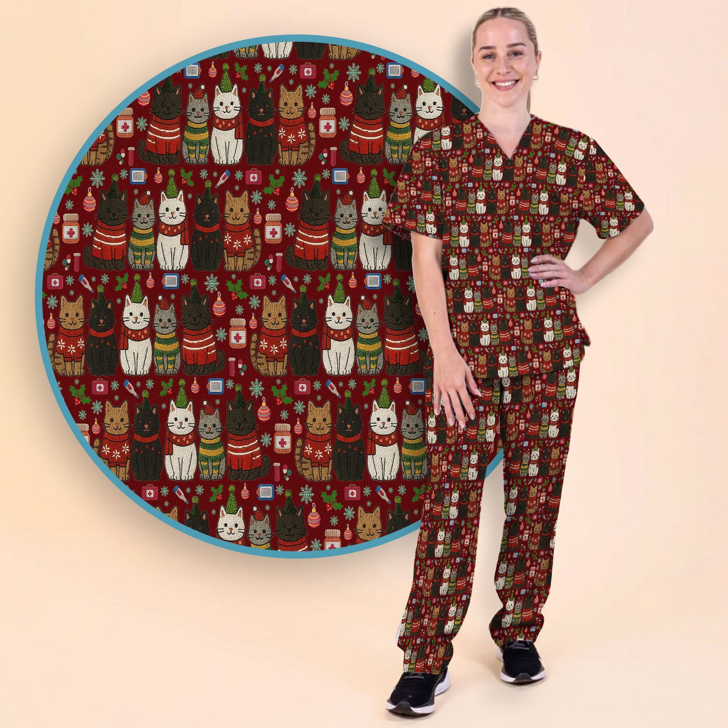 Christmas Cat Scrub Set, Festive Holiday Scrubs With Top And Pants, Cute Cat Lover Medical Uniform For Nurses And Doctors