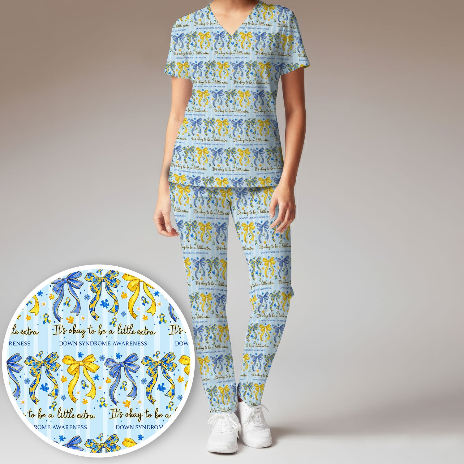 Down Syndrome Awareness Ribbon Pattern Scrub Set, Scrub Pants and V Neck Top