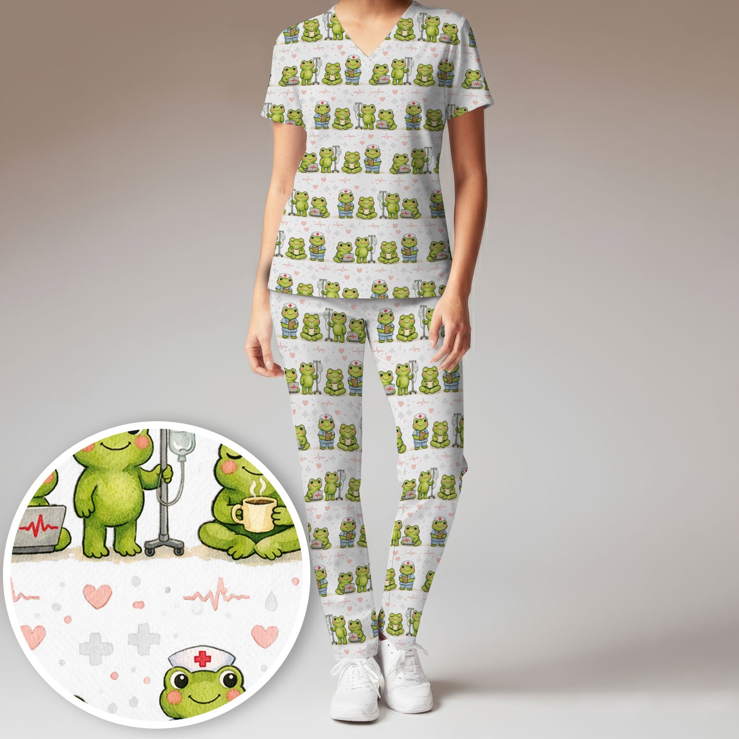 Adorable Frog Nurse Various Poses Print Scrub Set, Breathable Med Uniform