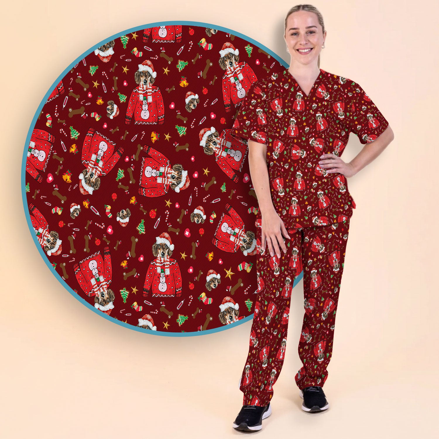 Funny Dog Christmas Scrub Set – Cute Puppy in Santa Outfit Pattern – Festive Holiday Medical Uniform For Nurses And Pet Lovers