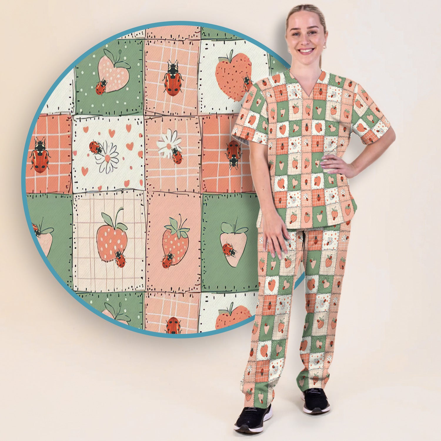 Strawberry Ladybug Patchwork Pattern Scrub Set, Scrub Pants and V Neck Top