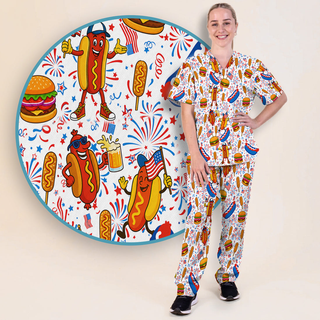 Patriotic Hot Dog Burger Fireworks Scrub Set, Scrub Pants and V Neck Top