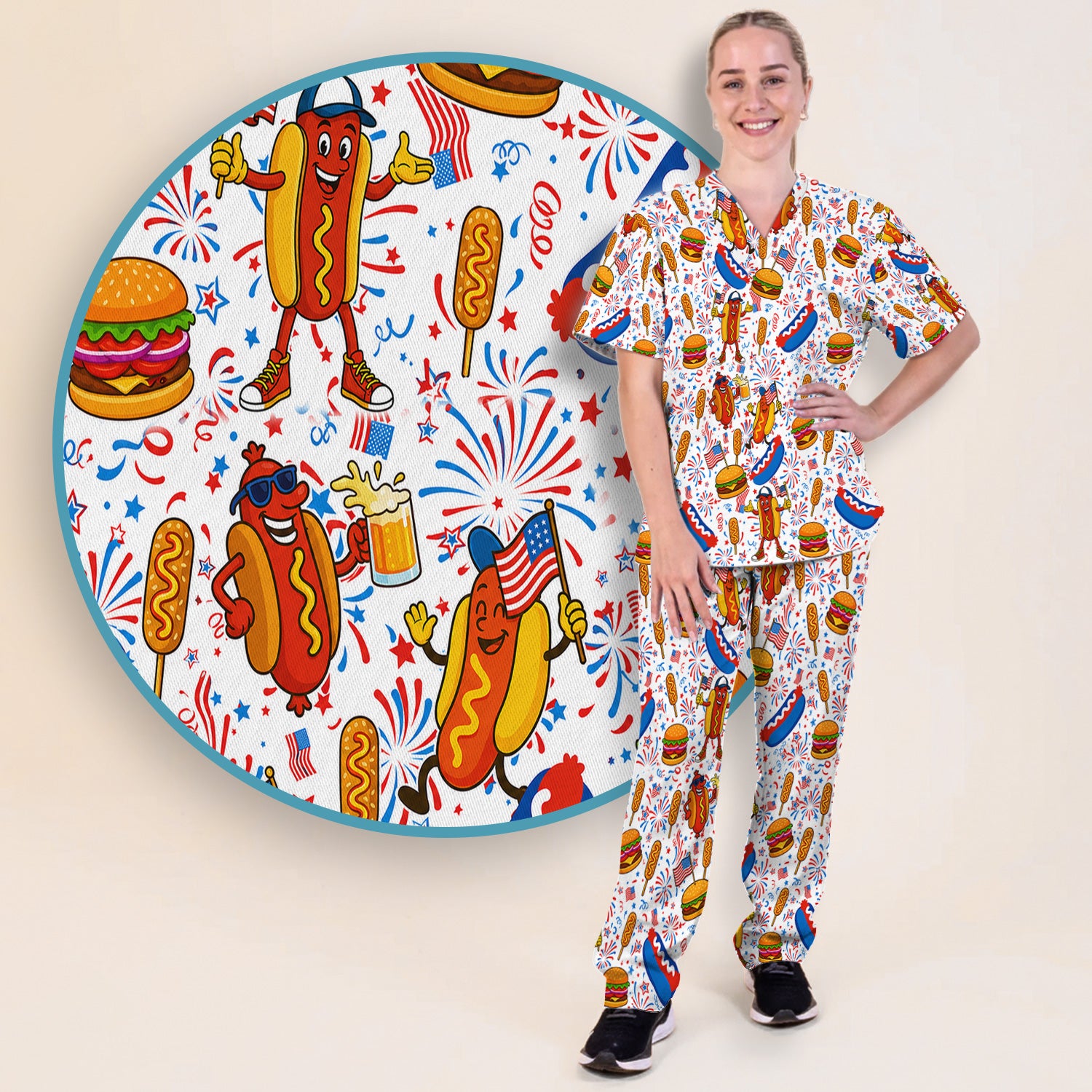 Patriotic Hot Dog Burger Fireworks Scrub Set, Scrub Pants and V Neck Top
