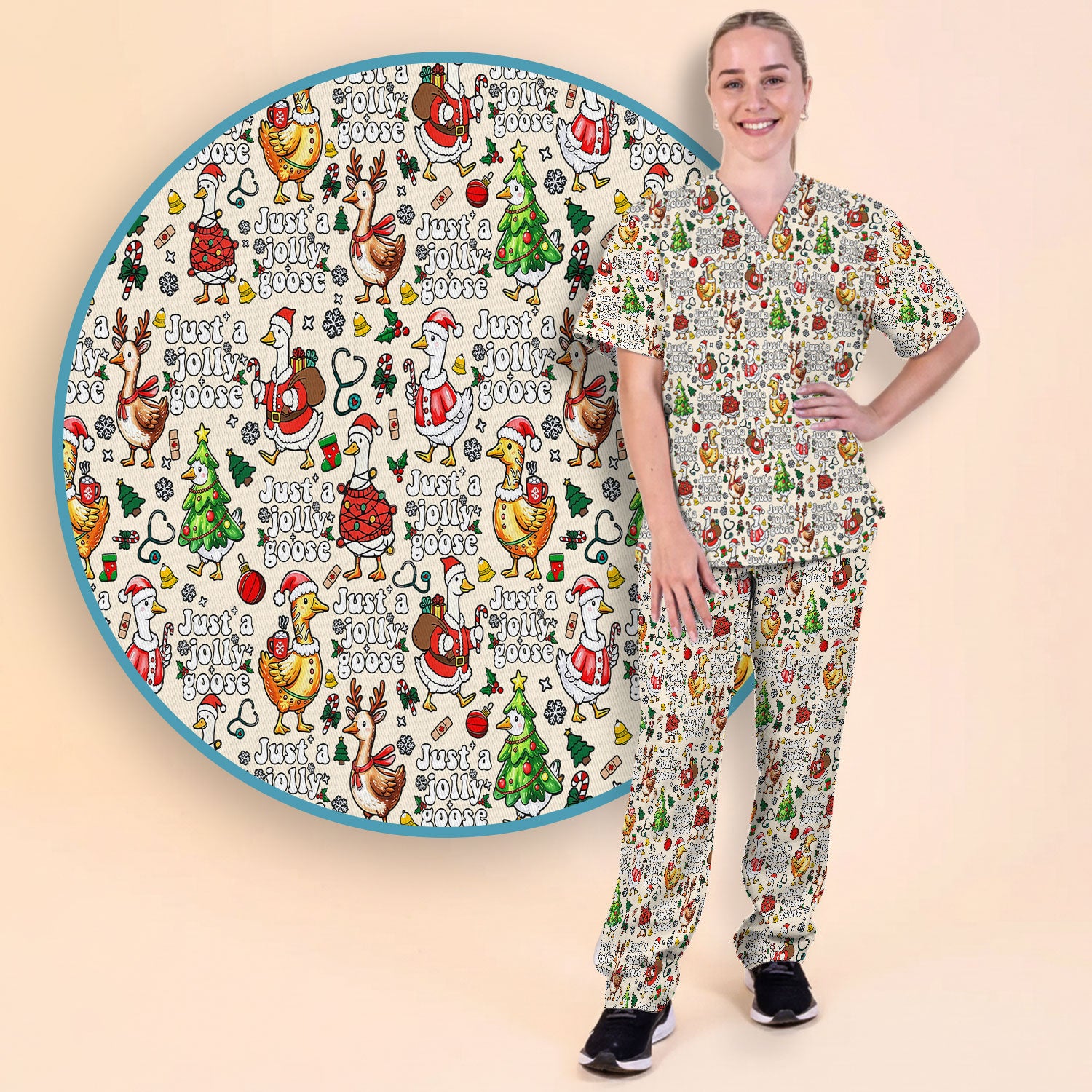 Christmas Goose Scrub Set for Nurse - Funny Jolly Holiday Medical Uniform for Women
