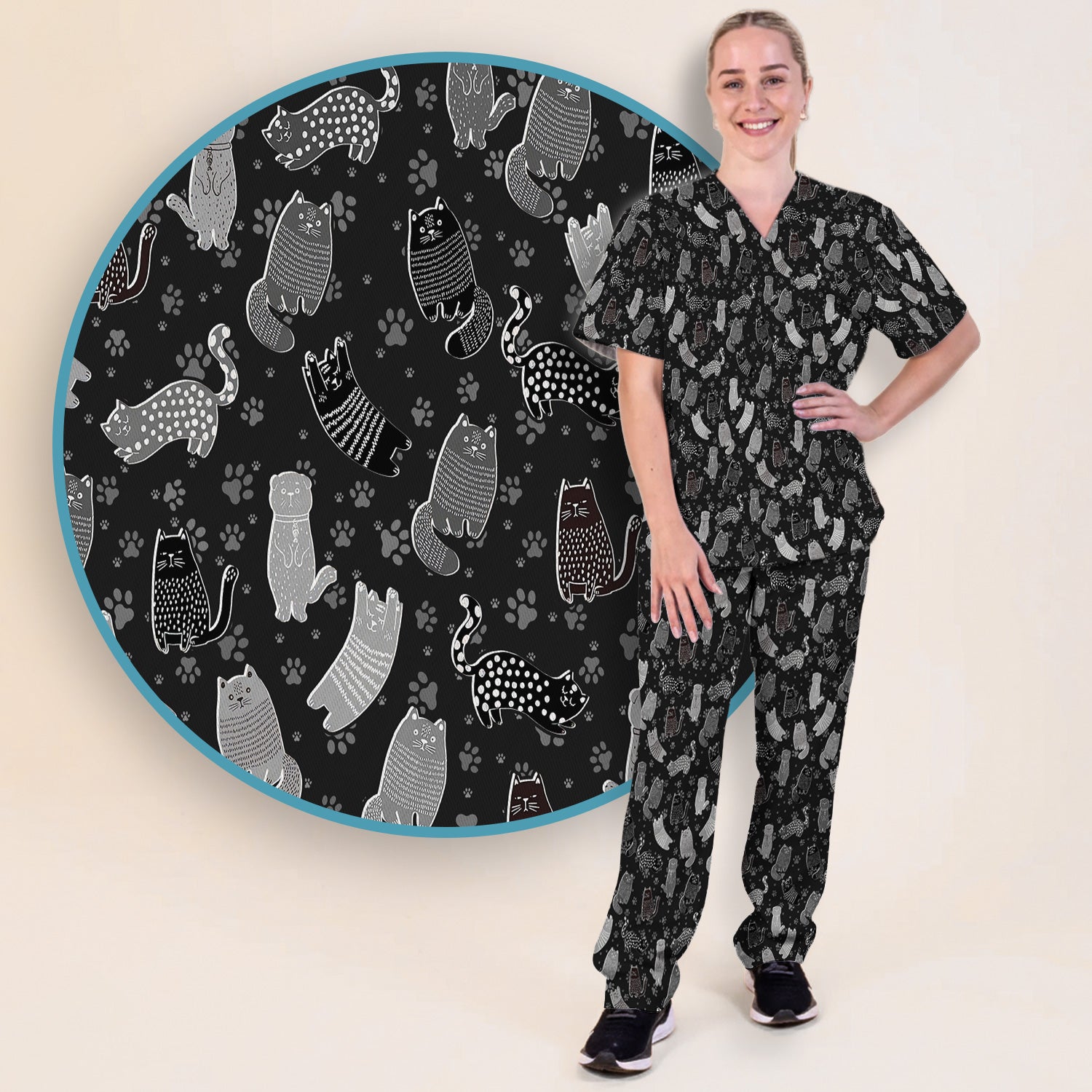 Cute Cat and Paw Print Pattern Scrub Set, Breathable Med Uniform