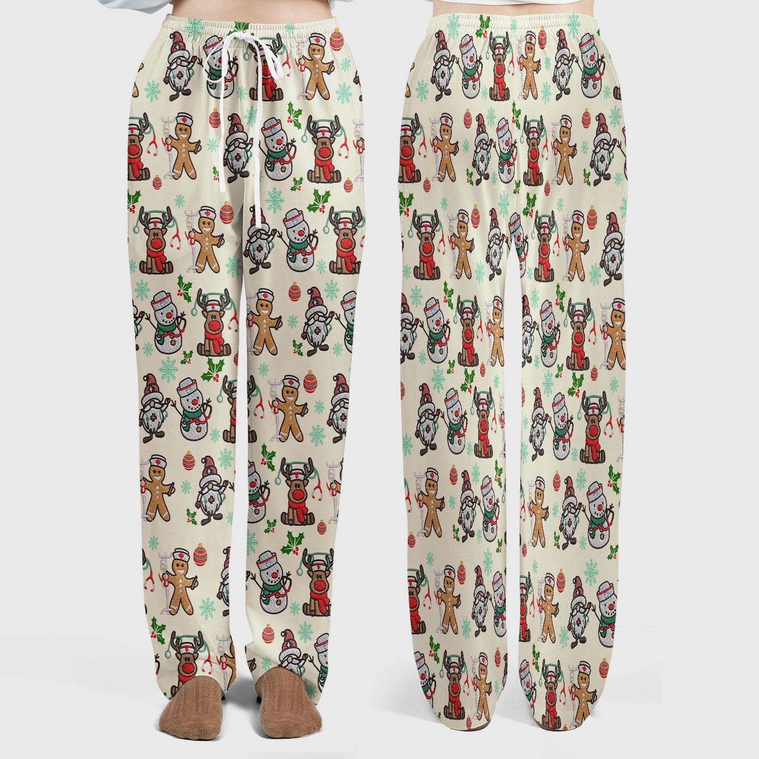 Christmas Gingerbread Scrubs Set for Women - Comfortable Scrubs for Nurses - Reindeer Santa Pants and V Neck Top