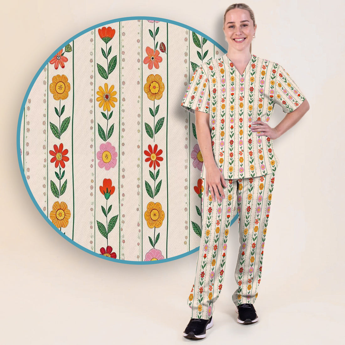 Retro Floral Stripe Print Scrub Set, Scrub Pants and V Neck Top