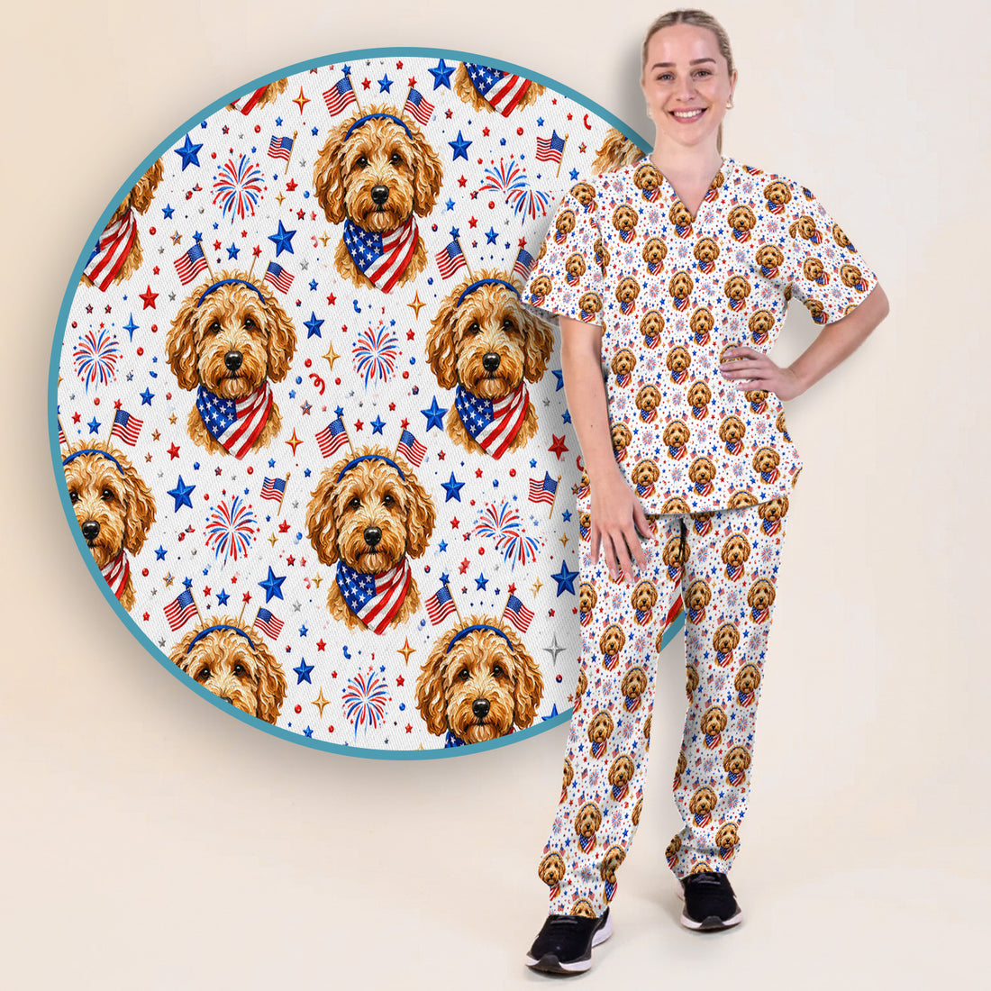 Patriotic Goldendoodle Nurse Pattern Scrub Set, Scrub Pants and V Neck Top