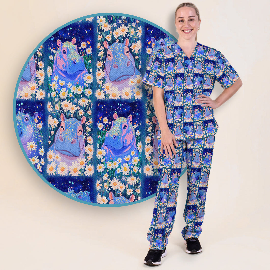 Cute Hippo Daisy Floral Patchwork Scrub Set, Scrub Pants and V Neck Top