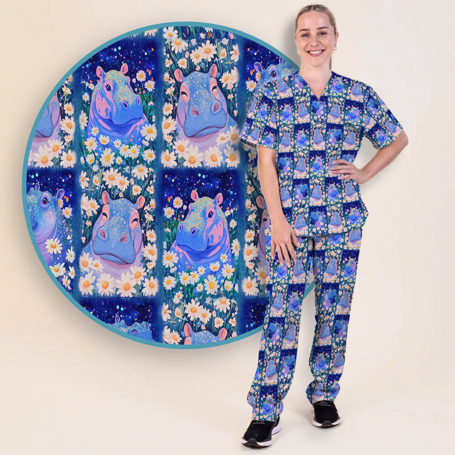 Cute Hippo Daisy Floral Patchwork Scrub Set, Scrub Pants and V Neck Top