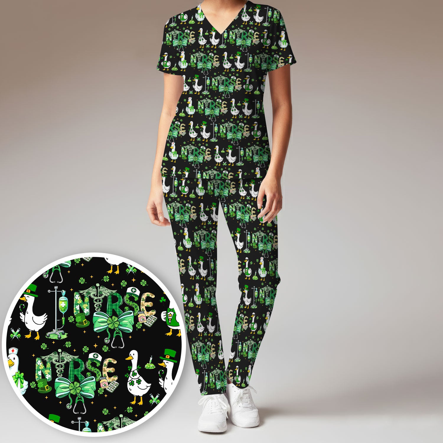 Funny Goose Nurse Shamrock Scrub Set, St. Patrick’s Day Nurse Pattern Shirt, Breathable Fabrics Nursing Uniform