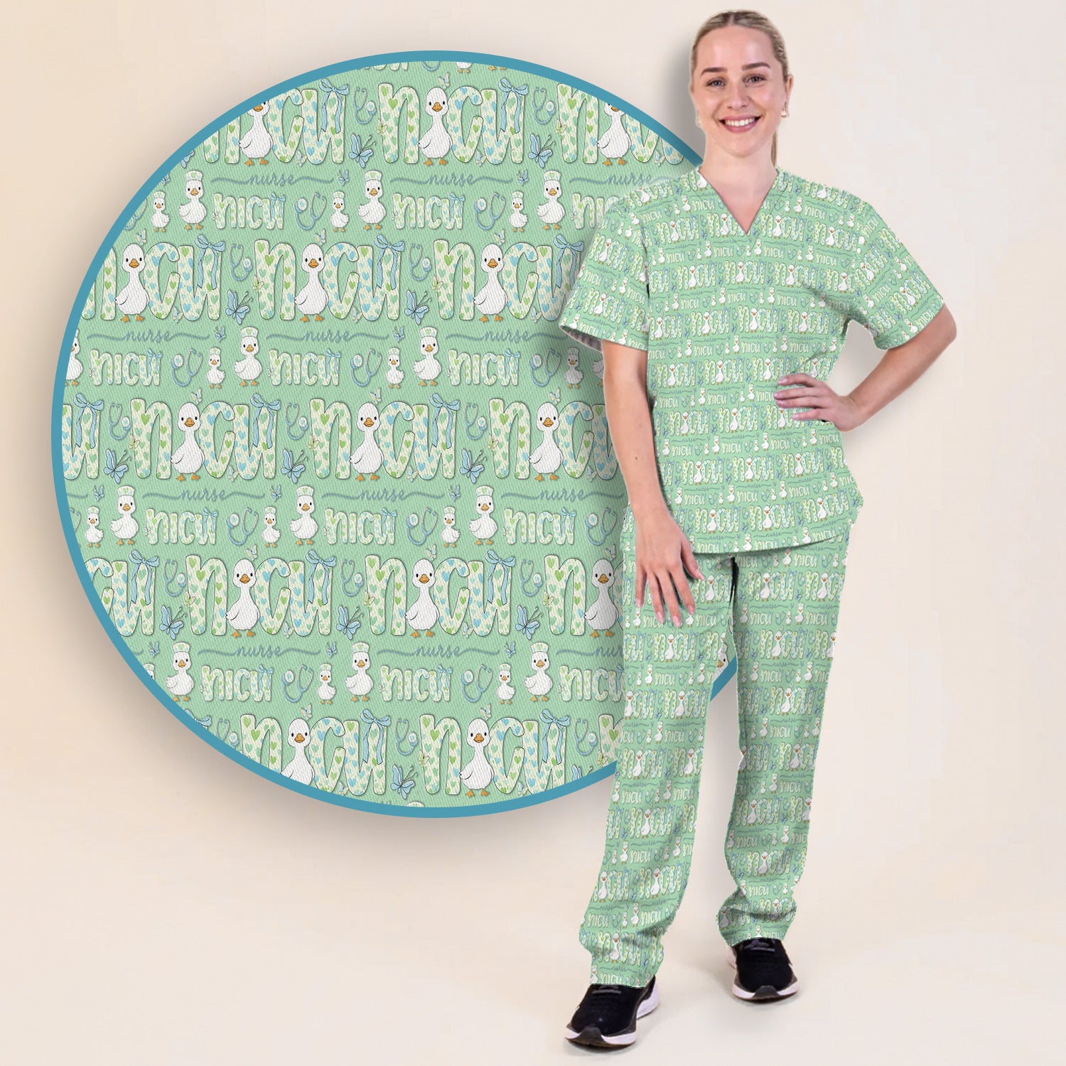 NICU Nurse Duck Pattern Scrub Set, Scrub Pants and V Neck Top