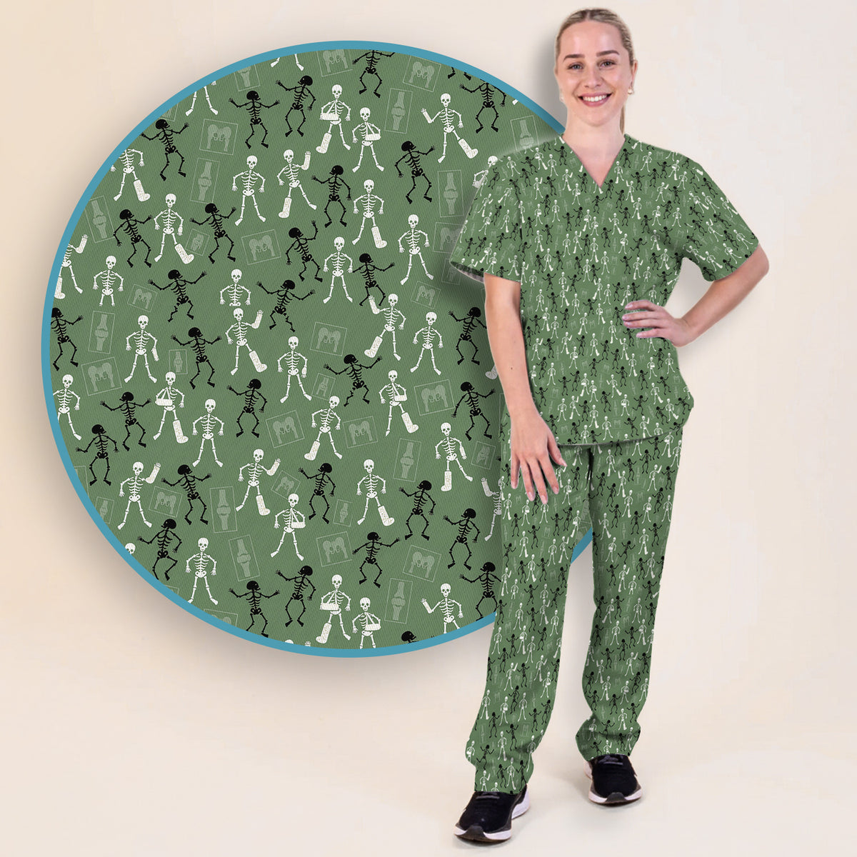 Halloween Orthopedic Skeleton Scrub Set, Scrub Pants and V Neck Top for Orthopedic Nurses