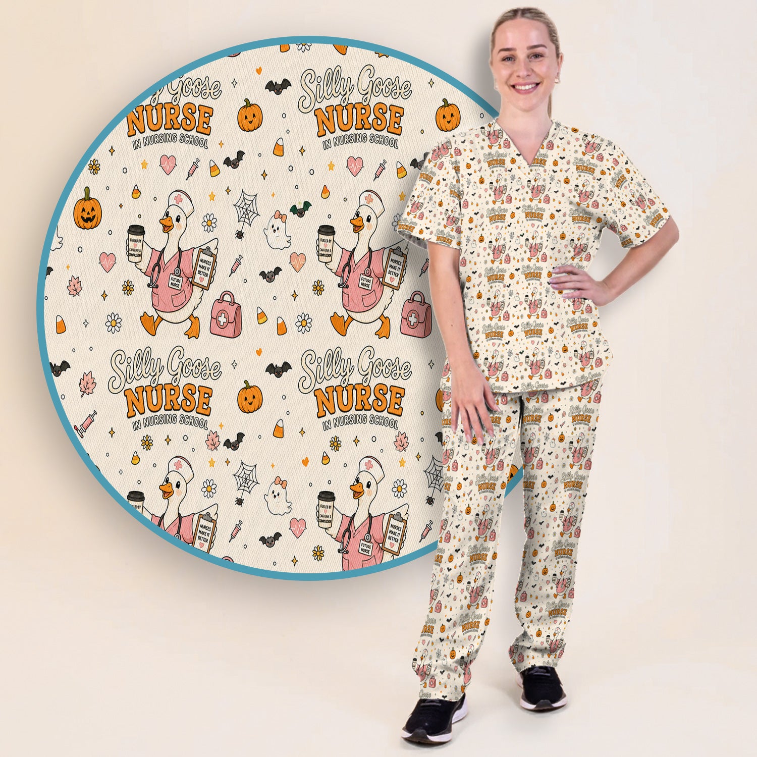 Funny Halloween Silly Goose Pattern Scrub Set, Scrub Pants and V Neck Top