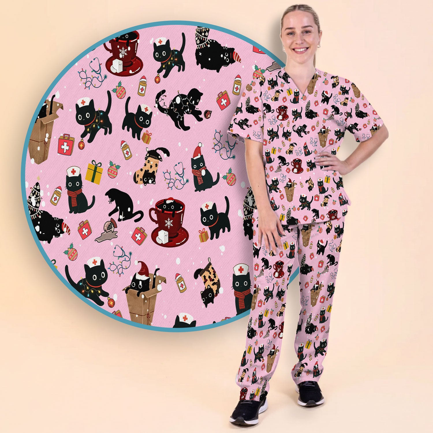 Funny Cat Scrub Sets for Women - Christmas Black Cats Pants and V Neck Top - Breathable Fabrics Nursing Uniform