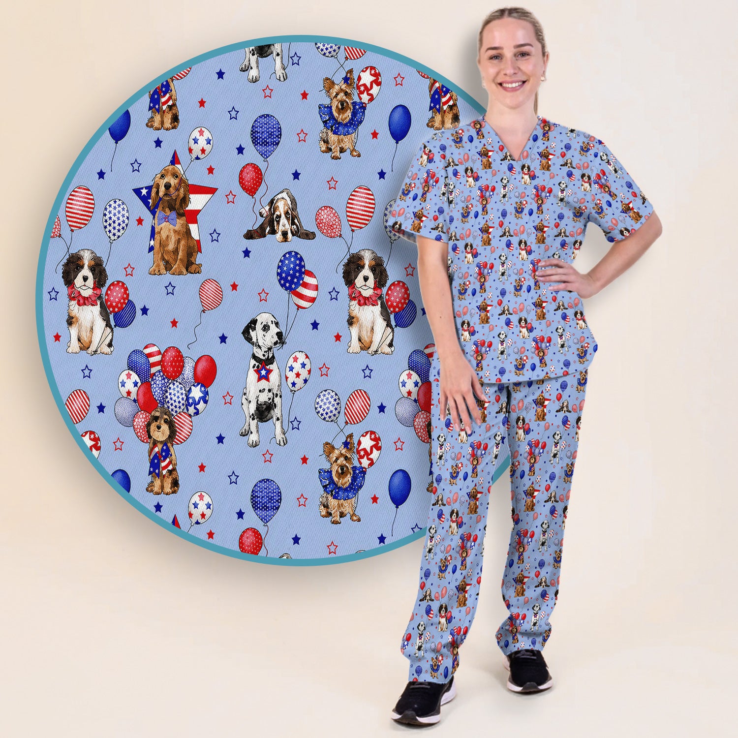 Patriotic Dogs With USA Flag Balloons Pattern Scrub Set, Scrub Pants and V Neck Top