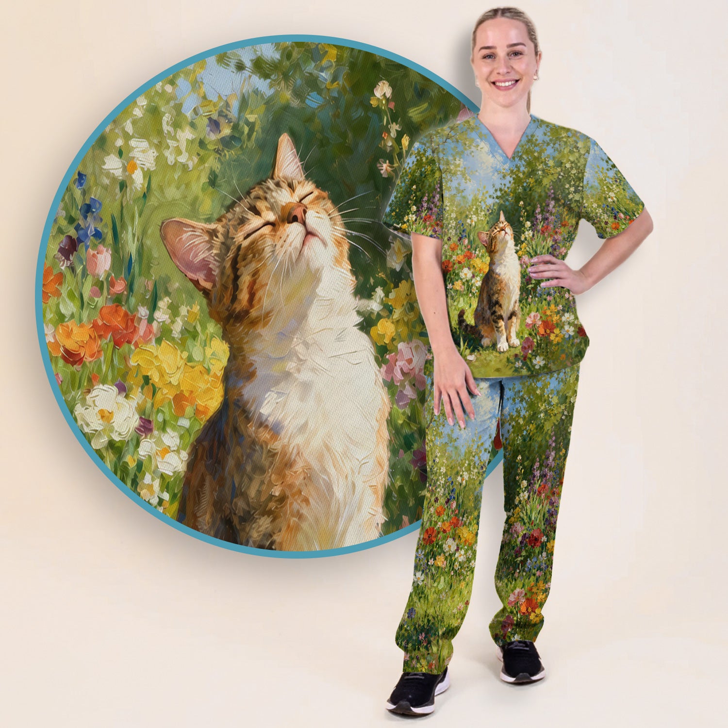 Whimsical Garden Cat Blossom Pattern Scrub Set, Scrub Pants and V Neck Top