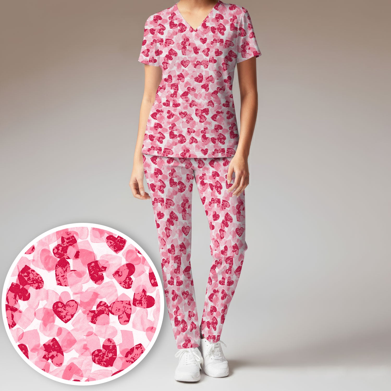Valentine Heart Pattern Medical Scrub Set, Women's Scrub Sets