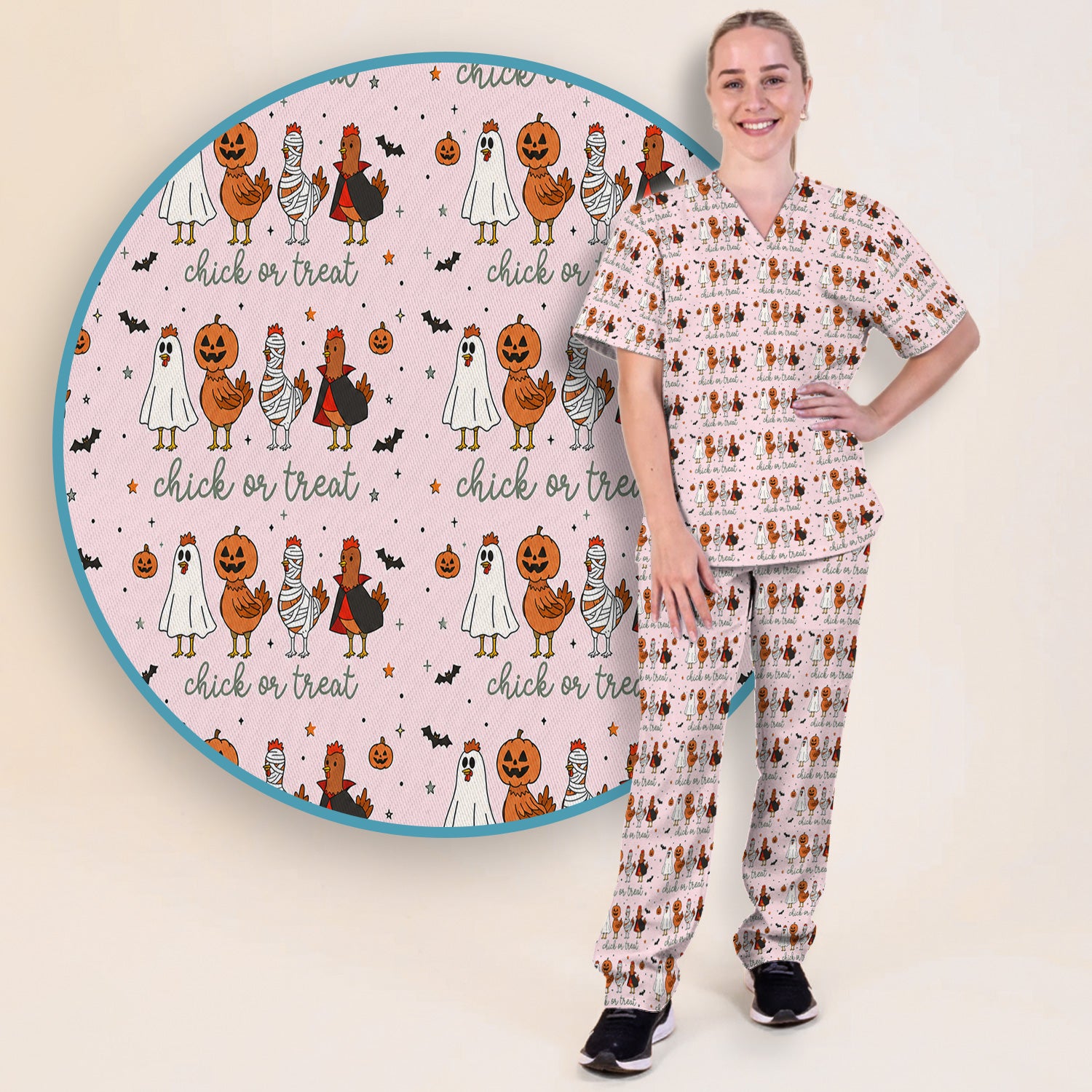 Funny Chick Or Treat Season Scrub Set, Scrub Pants and V Neck Top