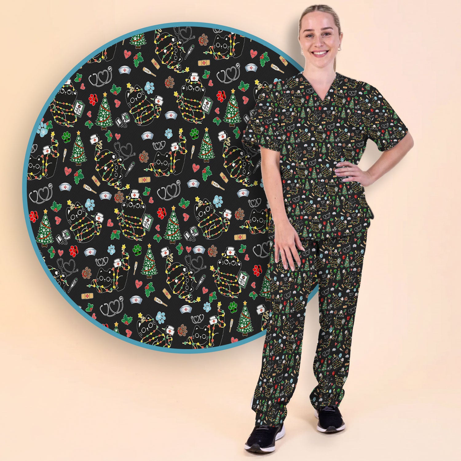 Funny Black Cat Christmas Scrub Set – Cute Holiday Kitty Pattern – Festive Medical Uniform for Nurses, Vets, and Cat Lovers