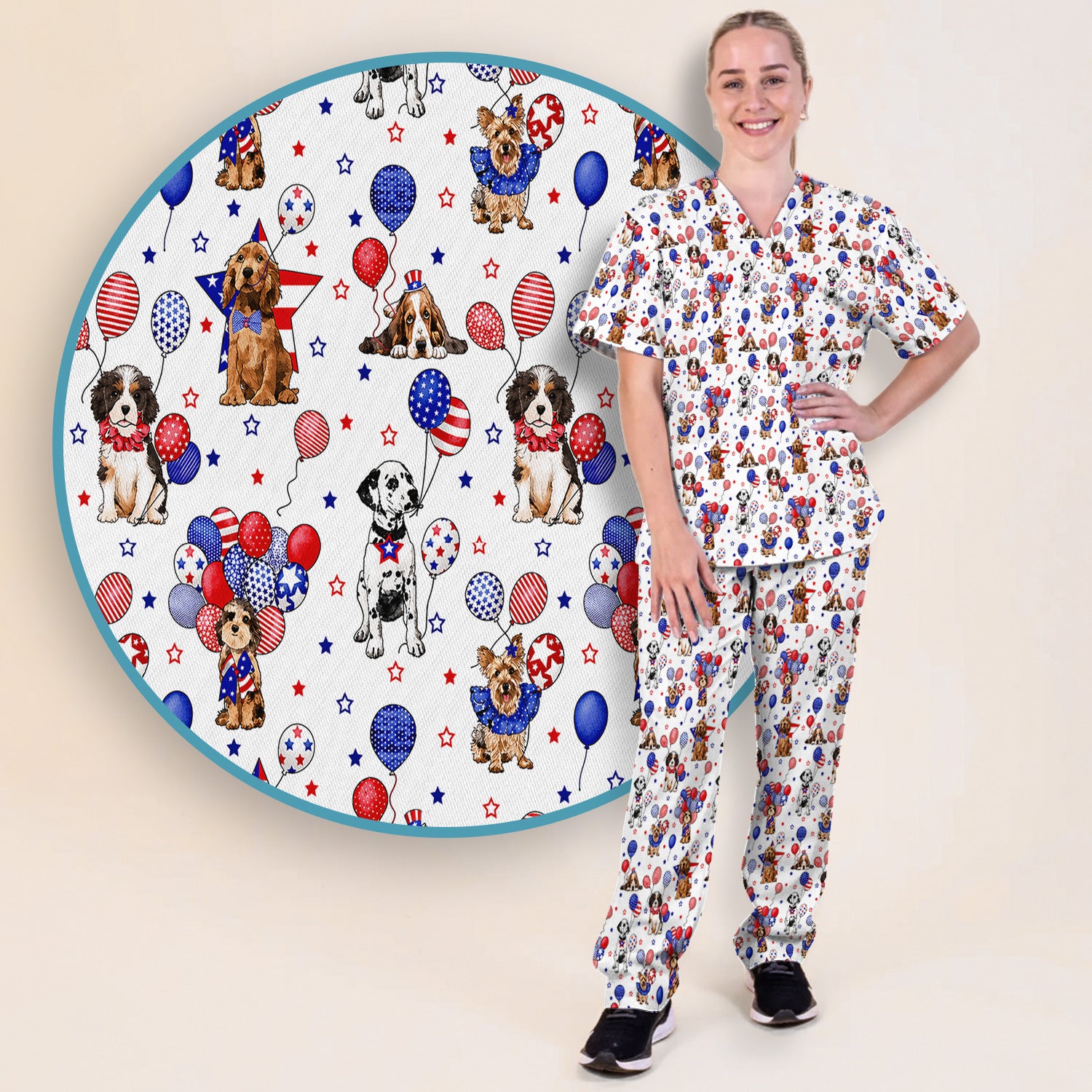 Patriotic Dogs With USA Flag Balloons Pattern Scrub Set, Scrub Pants and V Neck Top